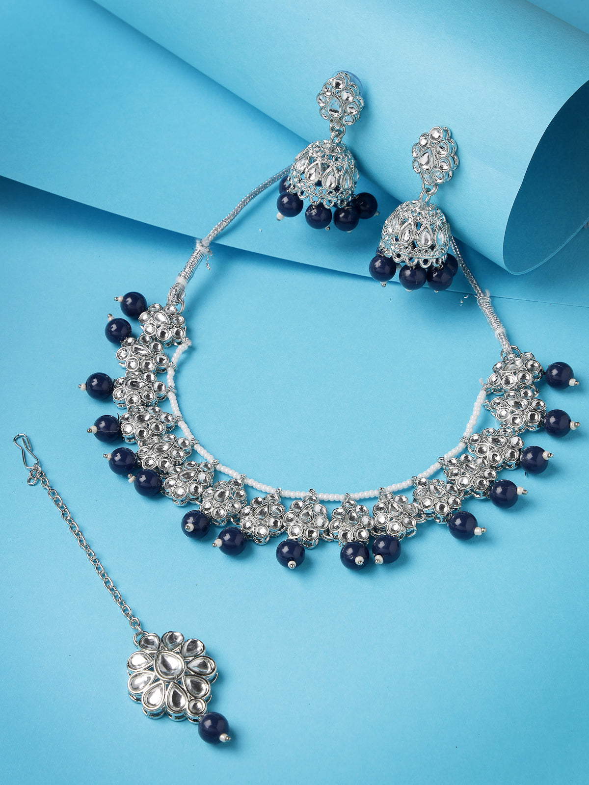 Sukkhi Youthful Floral Rhodium Plated Black AD White Stones & Beads Collar Bone Necklace Set With Earring And Maangtika | Jewellery Set For Women (NS105566)