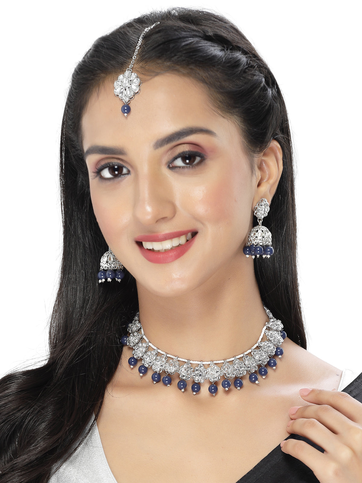 Sukkhi Youthful Floral Rhodium Plated Black AD White Stones & Beads Collar Bone Necklace Set With Earring And Maangtika | Jewellery Set For Women (NS105566)
