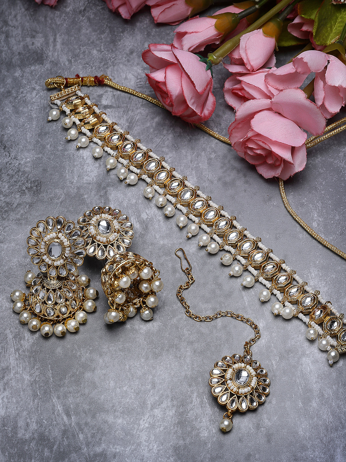 Sukkhi Heavenly Gold Plated White Kundan & Beads Choker Necklace Set With Jhumki Earring And Maangtika | Jewellery Set For Women (NS105567)