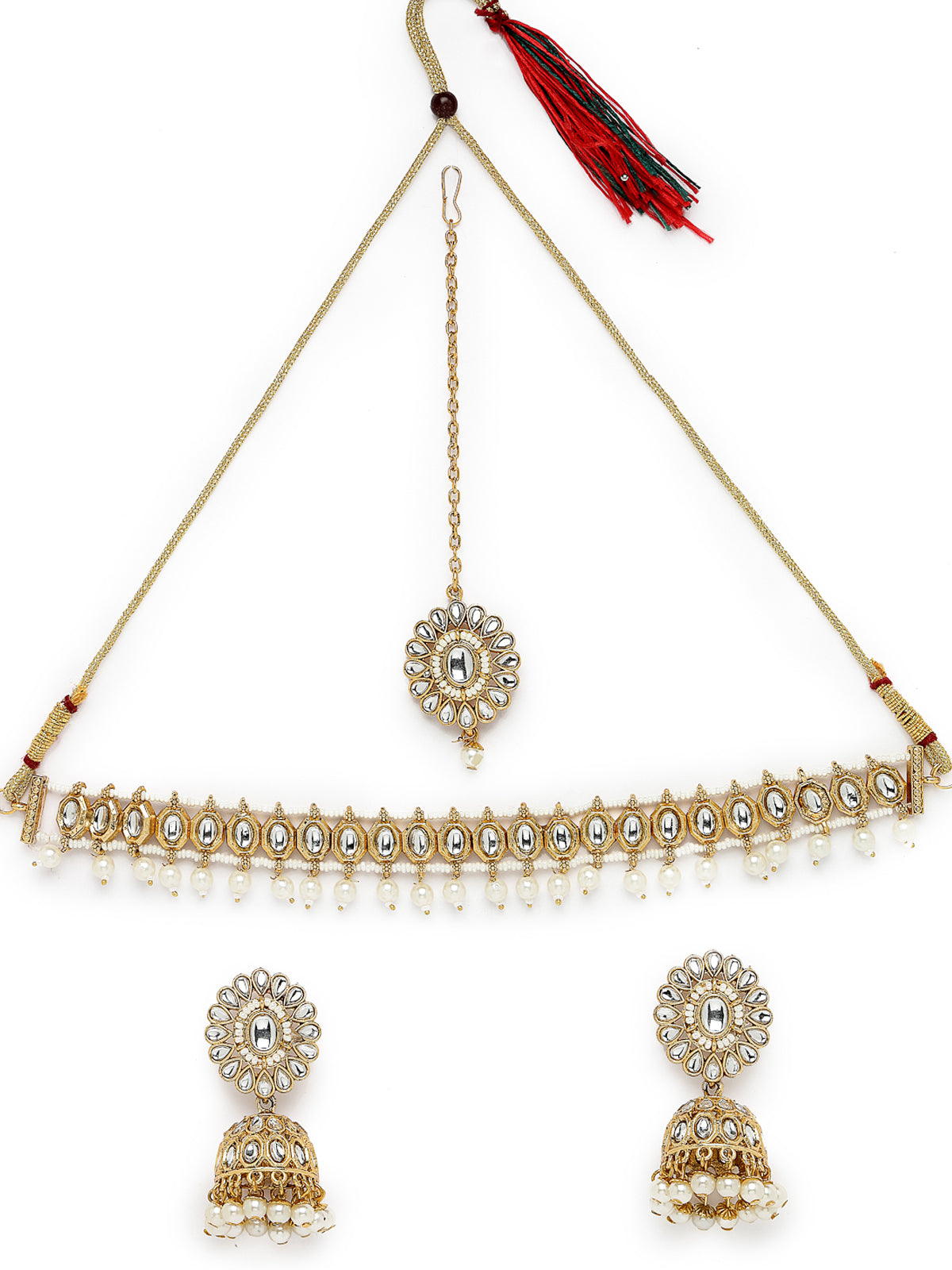 Sukkhi Heavenly Gold Plated White Kundan & Beads Choker Necklace Set With Jhumki Earring And Maangtika | Jewellery Set For Women (NS105567)