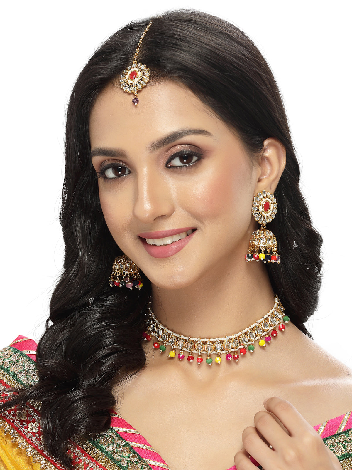 Sukkhi Vintage Gold Plated Red Multicolor Kundan & Beads Choker Necklace Set With Jhumki Earring And Maangtika | Jewellery Set For Women (NS105568)