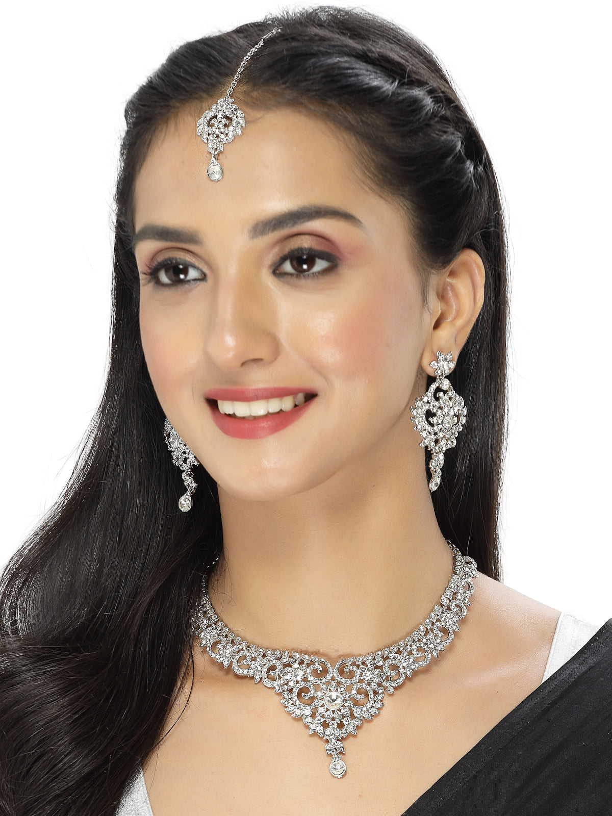 Sukkhi Magnifecent Rhodium Plated Silver AD White Stones Collar Bone Necklace Set With Earring And Maangtika | Jewellery Set For Women (NS105570)