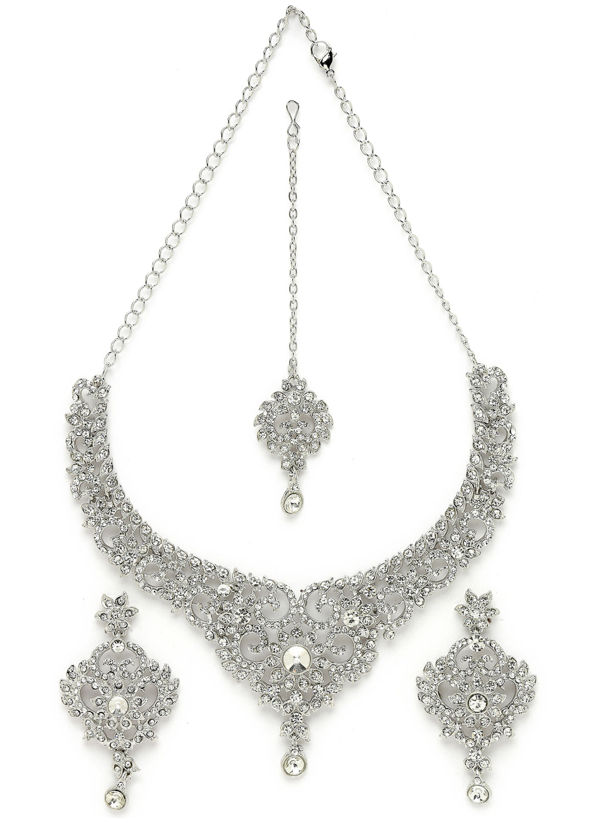 Sukkhi Magnifecent Rhodium Plated Silver AD White Stones Collar Bone Necklace Set With Earring And Maangtika | Jewellery Set For Women (NS105570)