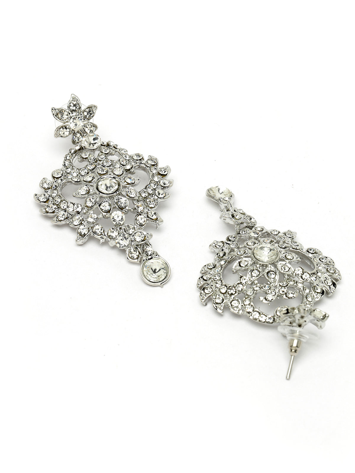 Sukkhi Magnifecent Rhodium Plated Silver AD White Stones Collar Bone Necklace Set With Earring And Maangtika | Jewellery Set For Women (NS105570)