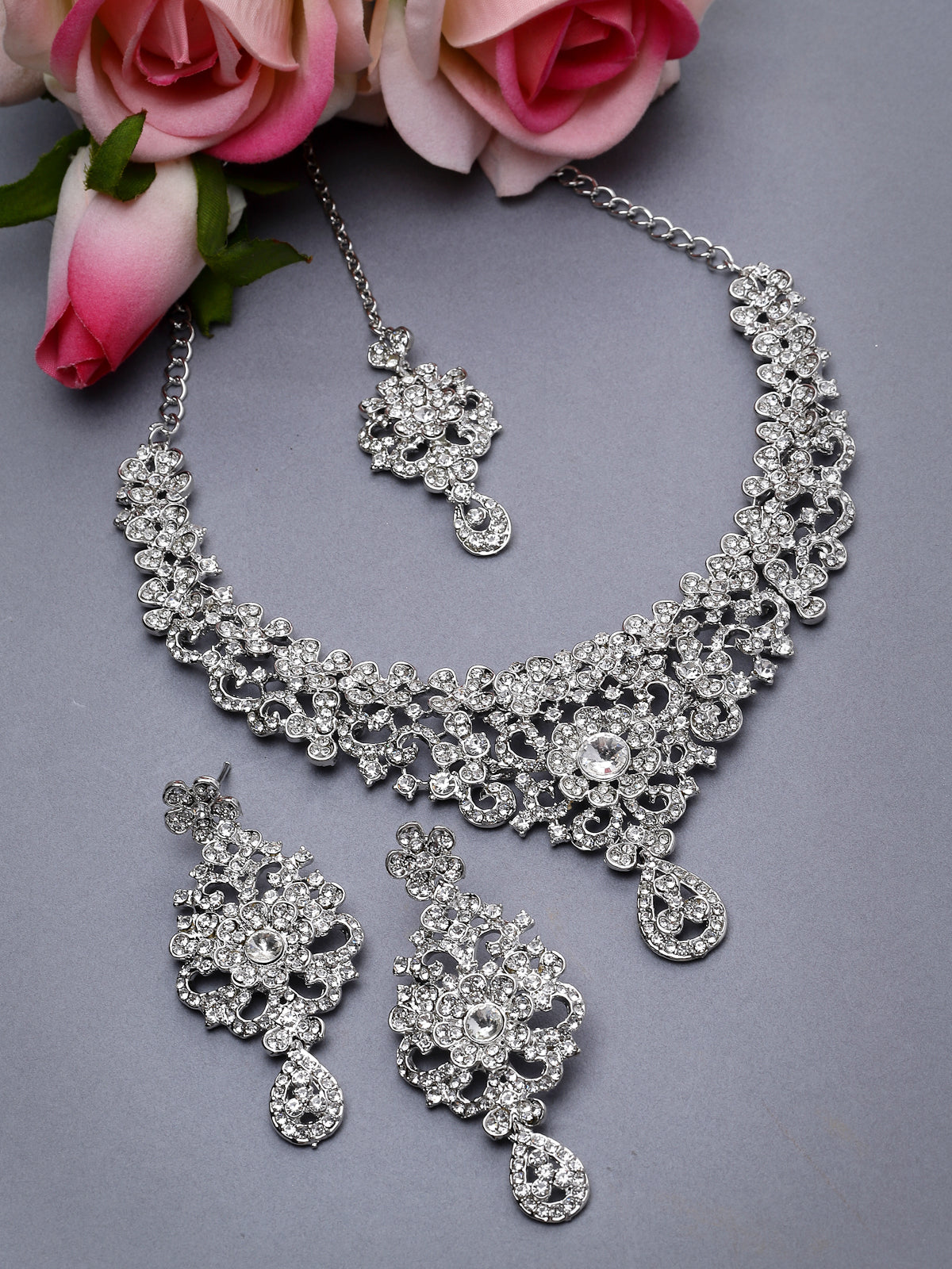 Sukkhi Memorable Rhodium Plated Silver AD White Stones Collar Bone Necklace Set With Earring And Maangtika | Jewellery Set For Women (NS105571)
