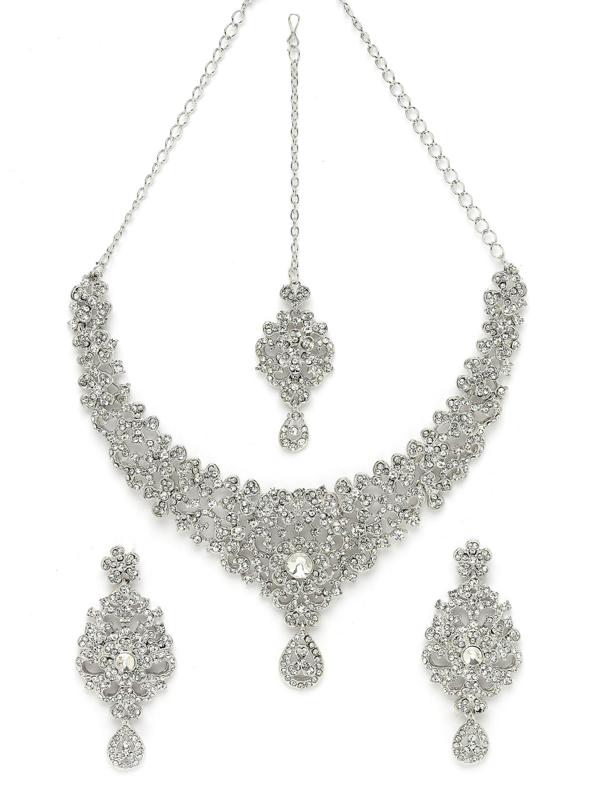 Sukkhi Memorable Rhodium Plated Silver AD White Stones Collar Bone Necklace Set With Earring And Maangtika | Jewellery Set For Women (NS105571)