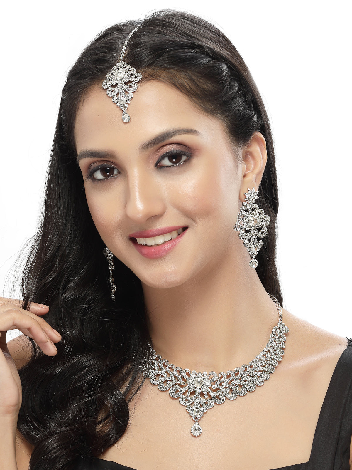 Sukkhi Awesome Rhodium Plated Silver AD White Stones Collar Bone Necklace Set With Earring And Maangtika | Jewellery Set For Women (NS105572)