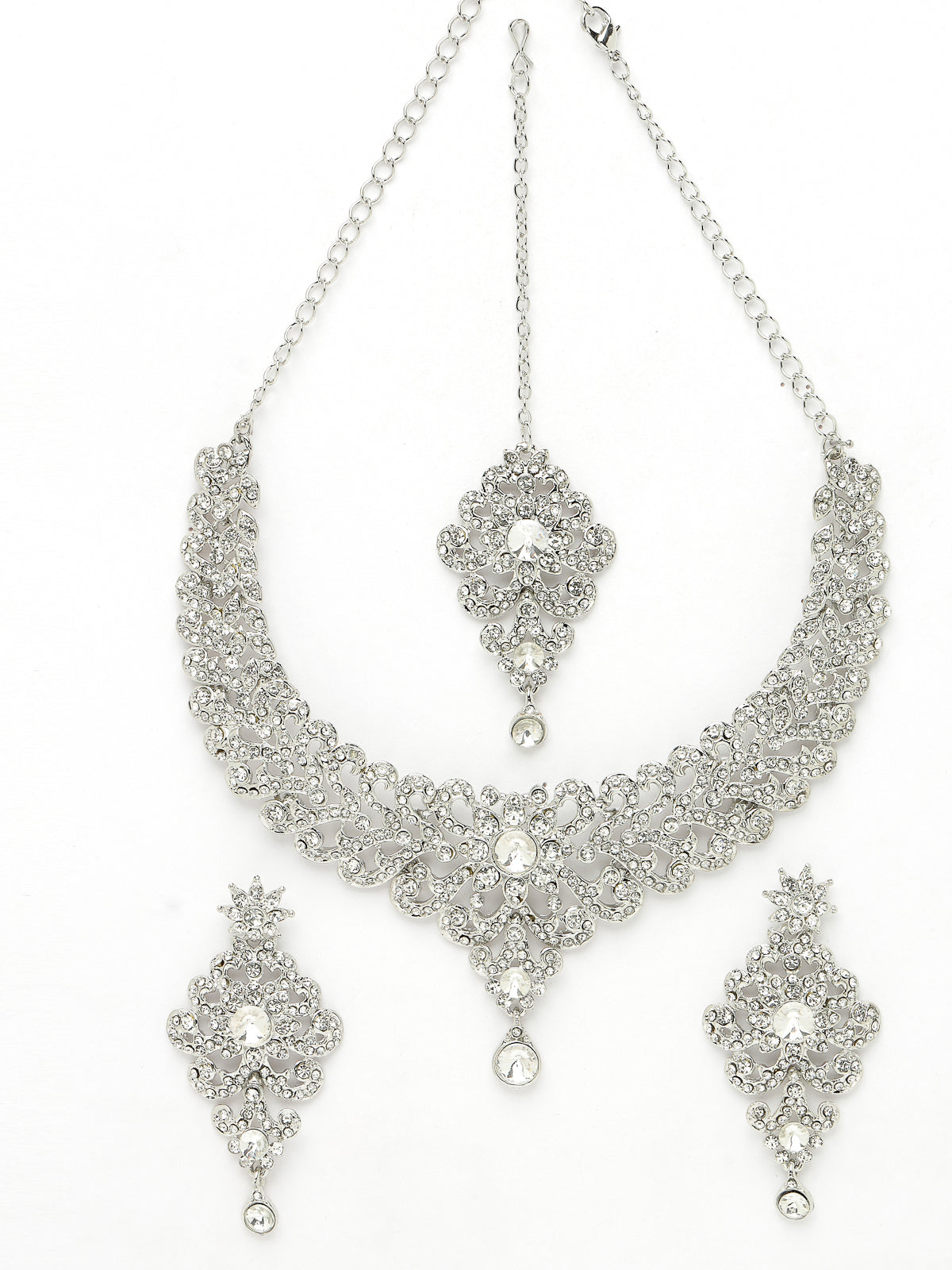 Sukkhi Awesome Rhodium Plated Silver AD White Stones Collar Bone Necklace Set With Earring And Maangtika | Jewellery Set For Women (NS105572)