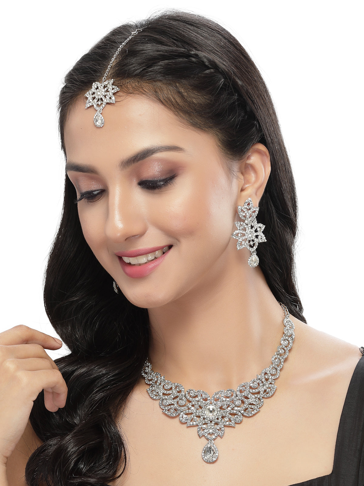 Sukkhi Gracious Rhodium Plated Silver AD White Stones Collar Bone Necklace Set With Earring And Maangtika | Jewellery Set For Women (NS105573)