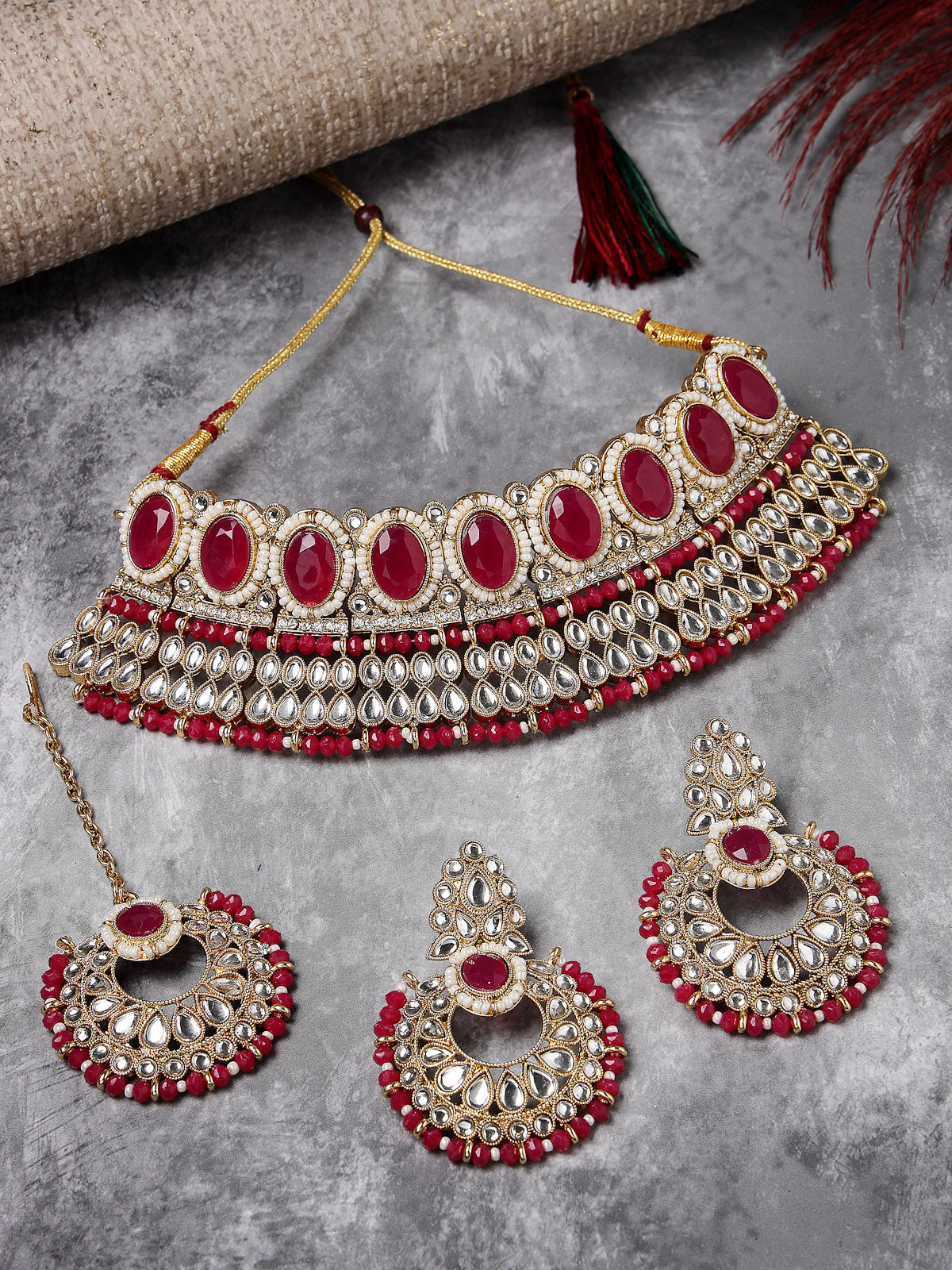 Sukkhi Delightful Trendy Gold Plated Rani Pink Kundan & Beads Choker Necklace Set With Earring And Maangtika | Jewellery Set For Women (NS105574)