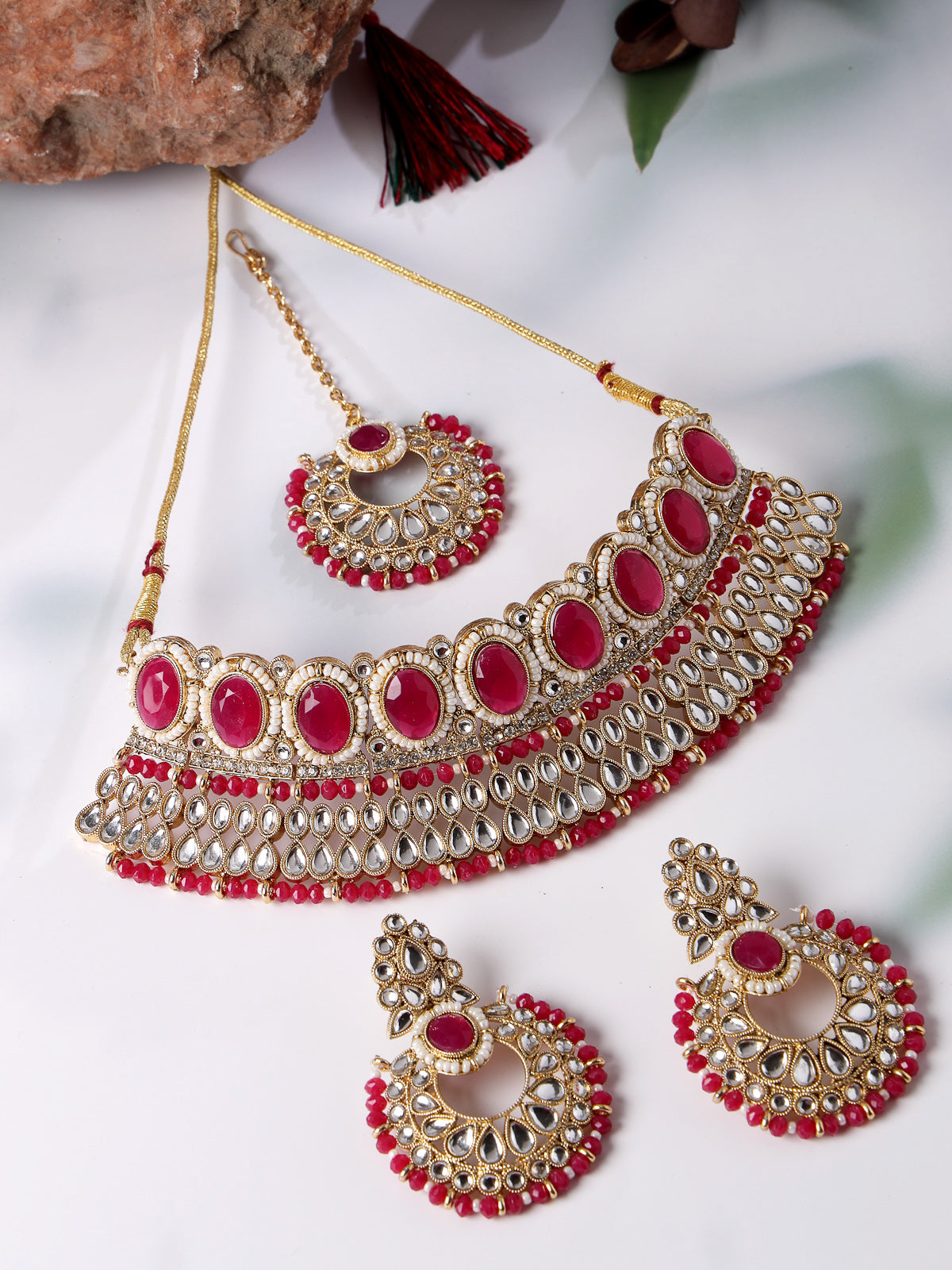 Sukkhi Delightful Trendy Gold Plated Rani Pink Kundan & Beads Choker Necklace Set With Earring And Maangtika | Jewellery Set For Women (NS105574)