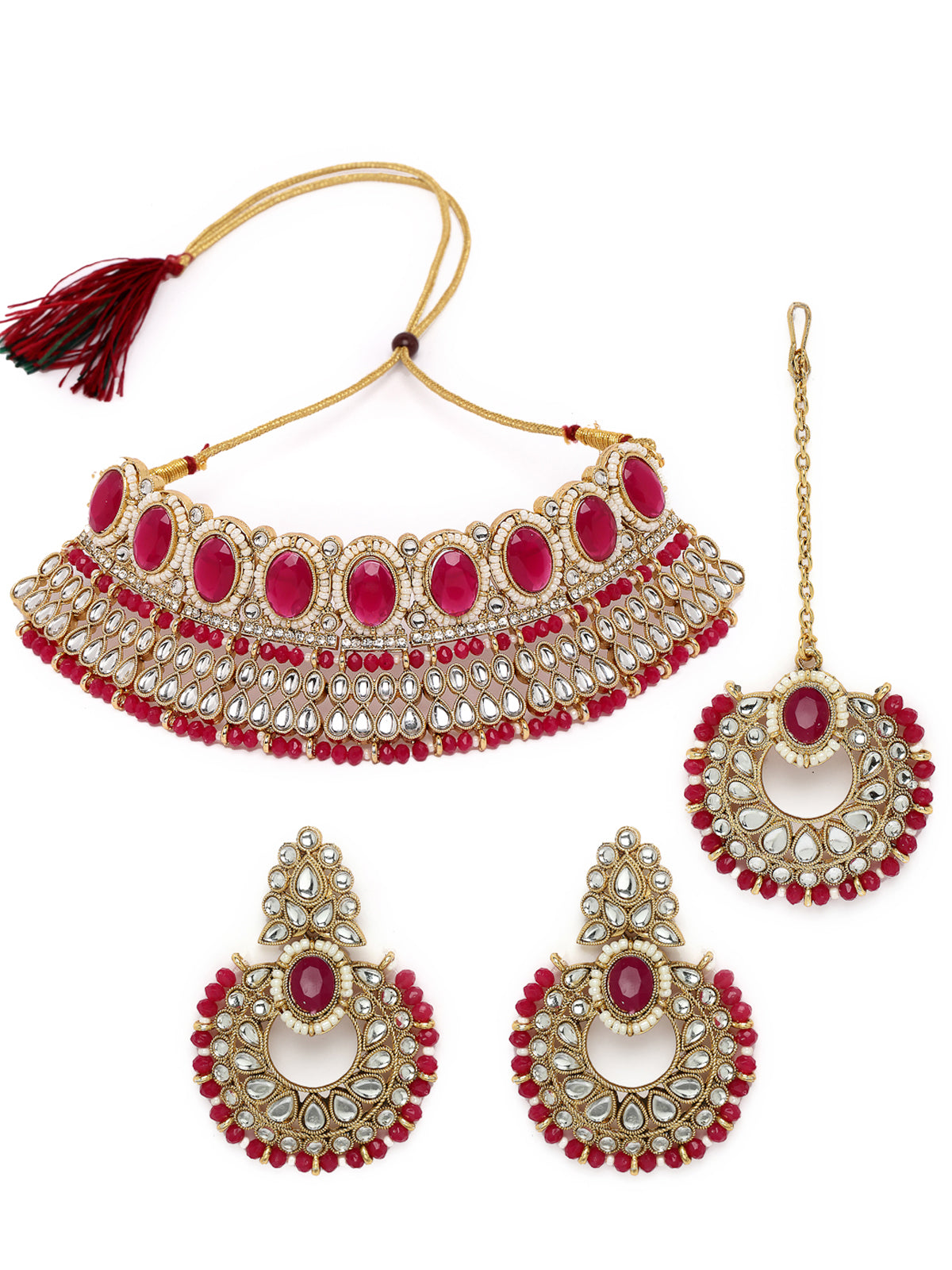 Sukkhi Delightful Trendy Gold Plated Rani Pink Kundan & Beads Choker Necklace Set With Earring And Maangtika | Jewellery Set For Women (NS105574)