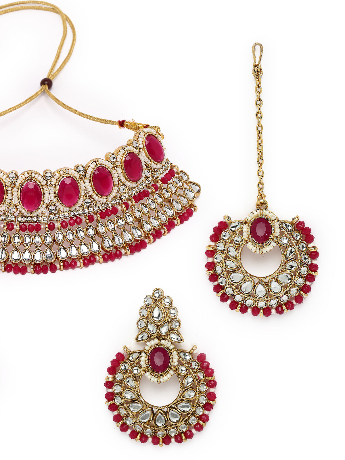 Sukkhi Delightful Trendy Gold Plated Rani Pink Kundan & Beads Choker Necklace Set With Earring And Maangtika | Jewellery Set For Women (NS105574)
