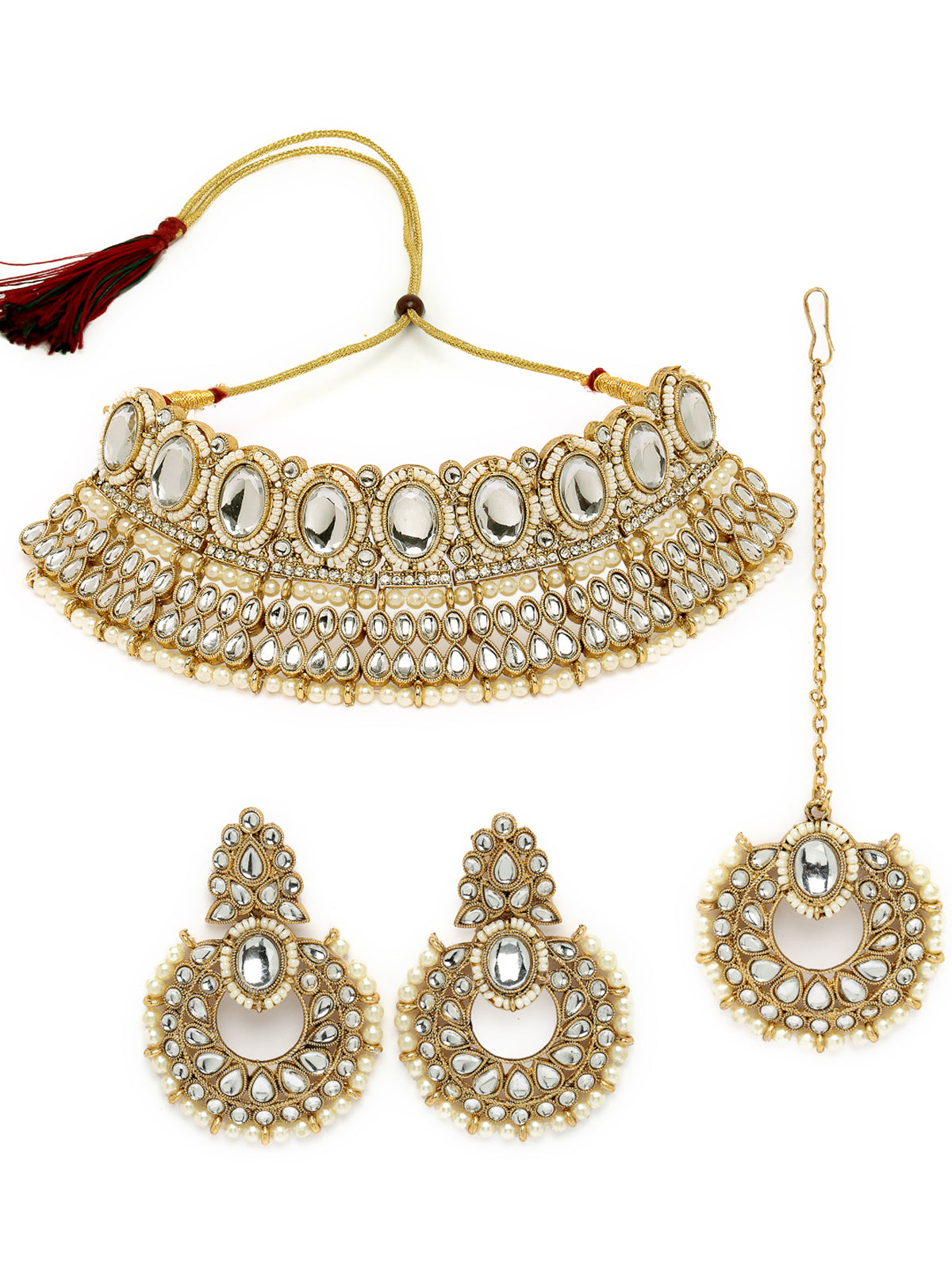 Sukkhi Delightful Trendy Gold Plated White Kundan & Beads Choker Necklace Set With Earring And Maangtika | Jewellery Set For Women (NS105576)