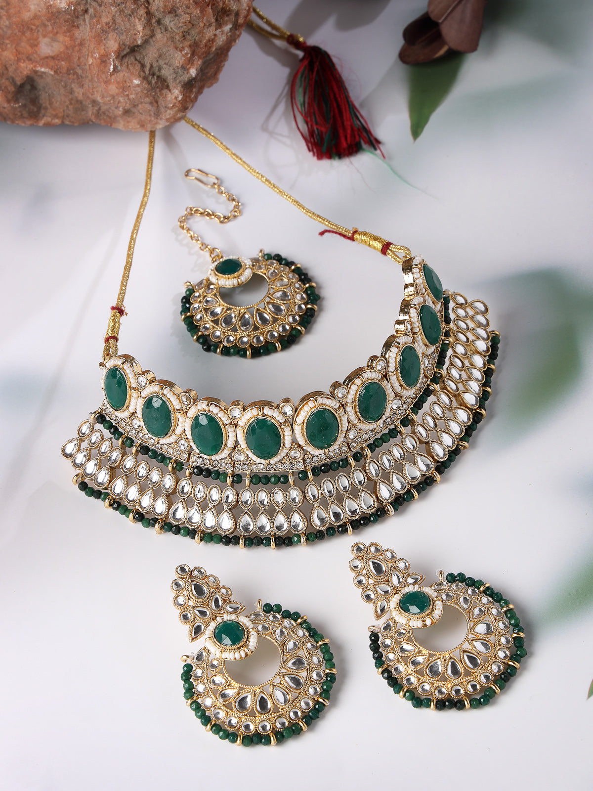 Sukkhi Delightful Trendy Gold Plated Green Kundan & Beads Choker Necklace Set With Earring And Maangtika | Jewellery Set For Women (NS105577)