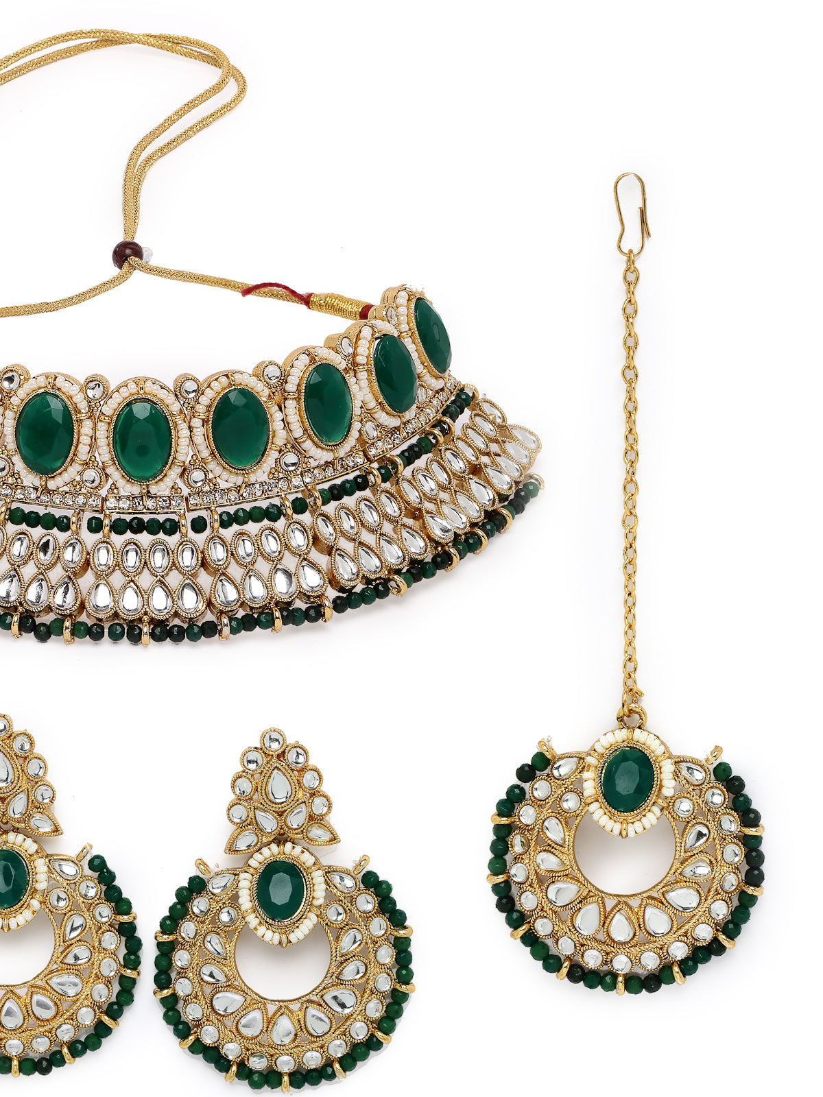 Sukkhi Delightful Trendy Gold Plated Green Kundan & Beads Choker Necklace Set With Earring And Maangtika | Jewellery Set For Women (NS105577)