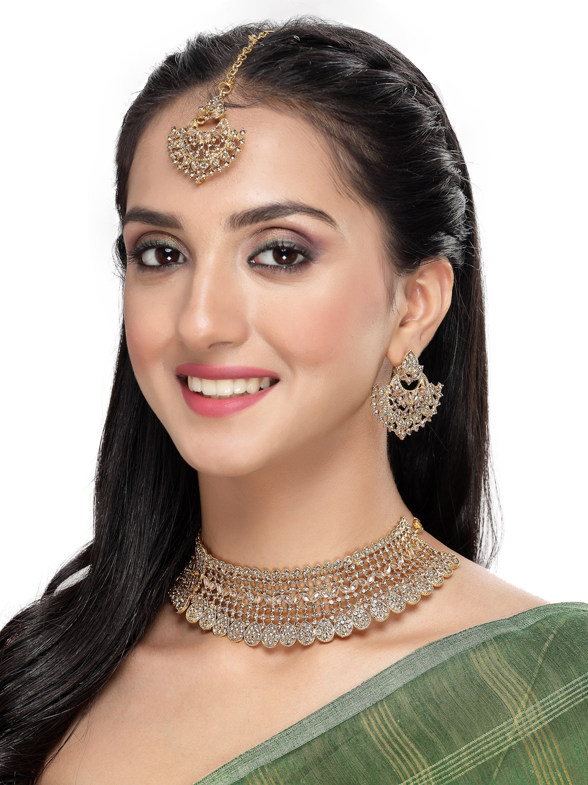 Sukkhi Graceful Curve Shaped Gold Plated LCT AD Stone Choker Necklace Set With Earring And Maangtika | Jewellery Set For Women (NS105578)