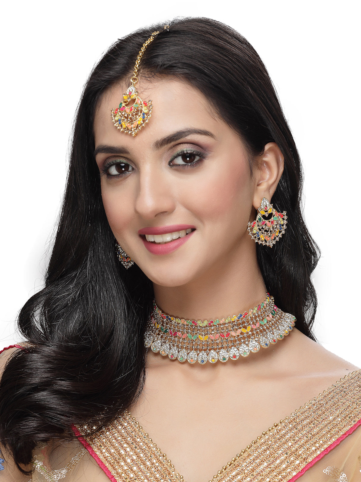 Sukkhi Graceful Curve Shaped Gold Plated Multicolor AD Stone Choker Necklace Set With Earring And Maangtika | Jewellery Set For Women (NS105579)