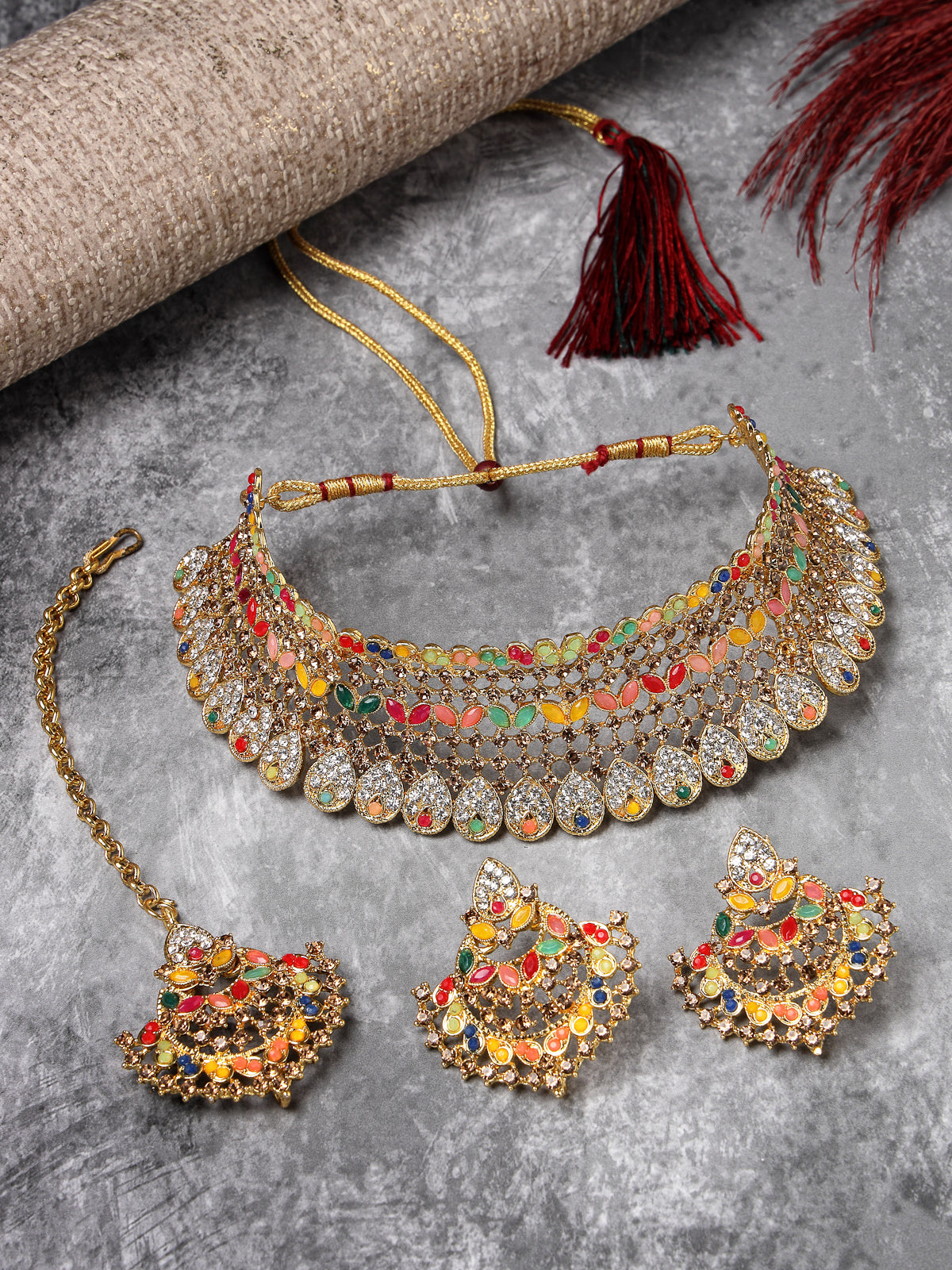 Sukkhi Graceful Curve Shaped Gold Plated Multicolor AD Stone Choker Necklace Set With Earring And Maangtika | Jewellery Set For Women (NS105579)