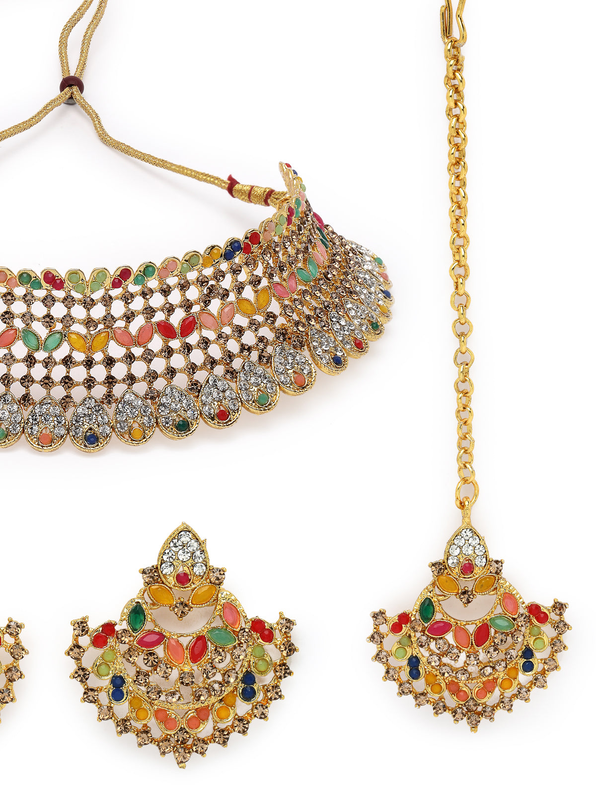 Sukkhi Graceful Curve Shaped Gold Plated Multicolor AD Stone Choker Necklace Set With Earring And Maangtika | Jewellery Set For Women (NS105579)