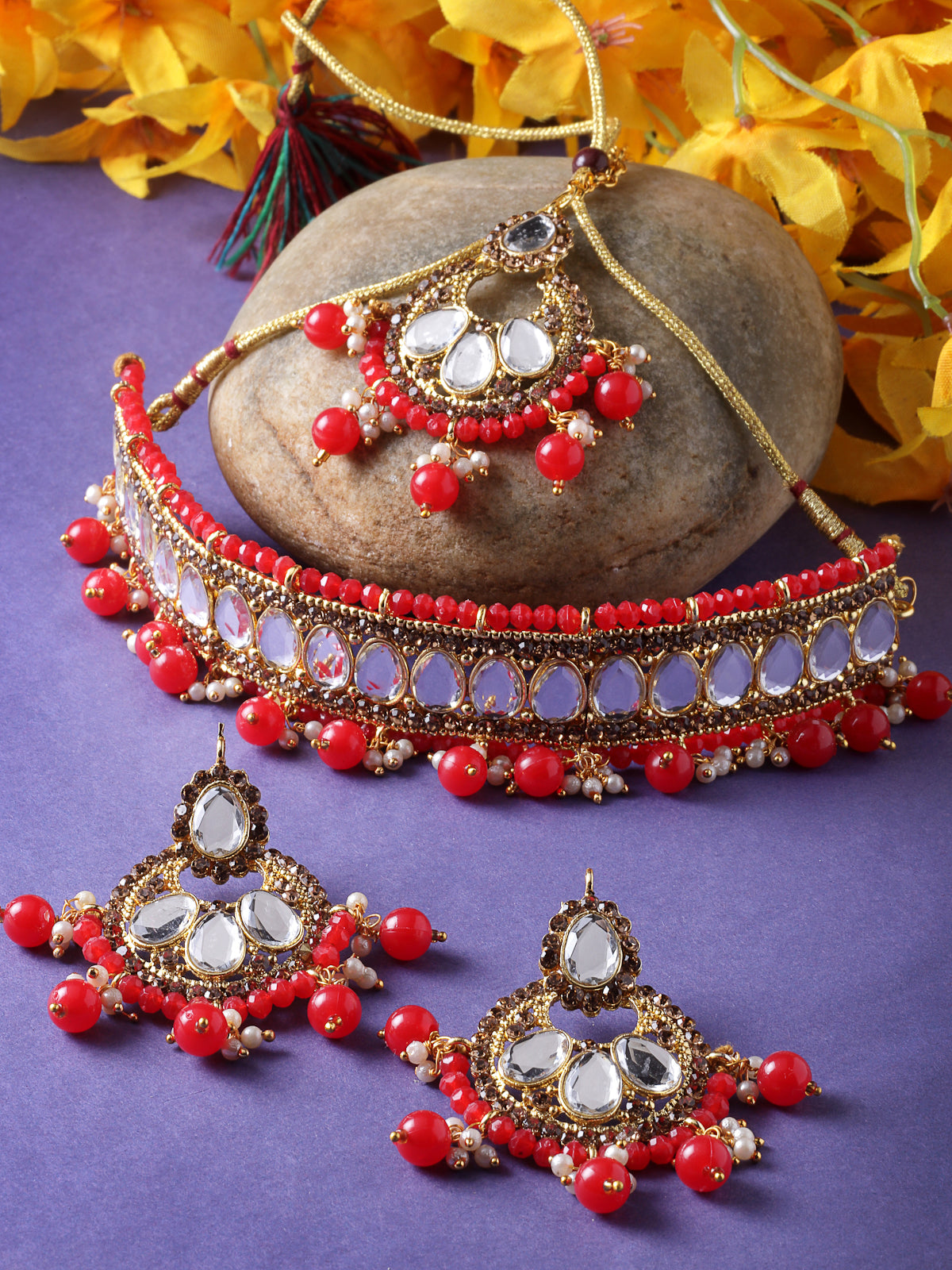Sukkhi Exciting Gold Plated Red Kundan & Beads Choker Necklace Set With Earring And Maangtika | Jewellery Set For Women (NS105580)