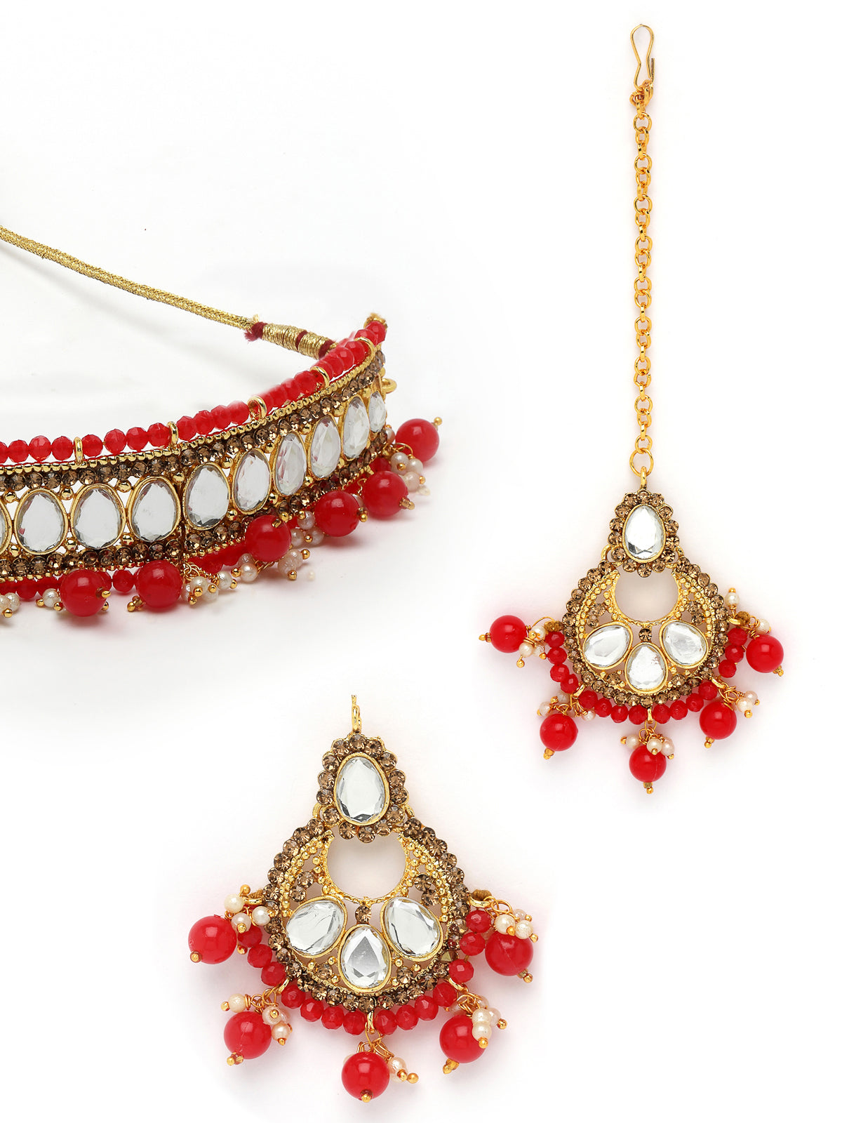 Sukkhi Exciting Gold Plated Red Kundan & Beads Choker Necklace Set With Earring And Maangtika | Jewellery Set For Women (NS105580)