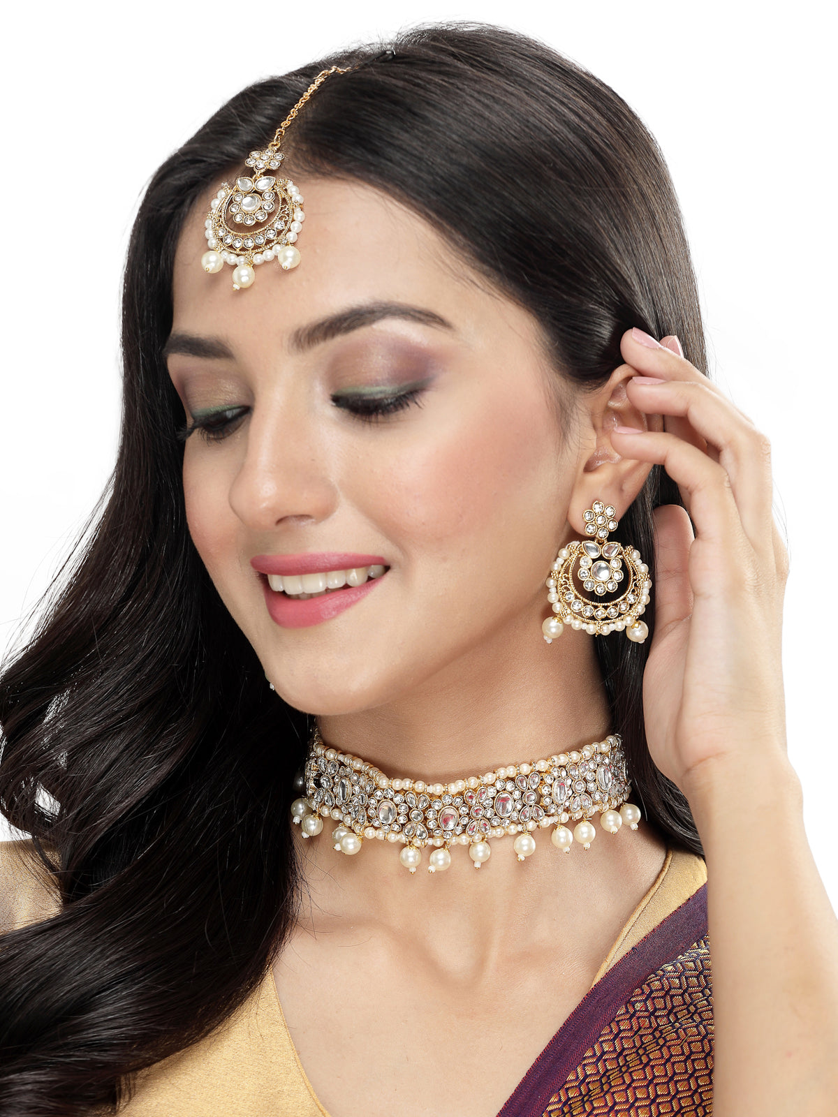 Sukkhi Pretty Traditional Style Gold Plated White Kundan & Beads Choker Necklace Set With Earring And Maangtika | Jewellery Set For Women (NS105582)