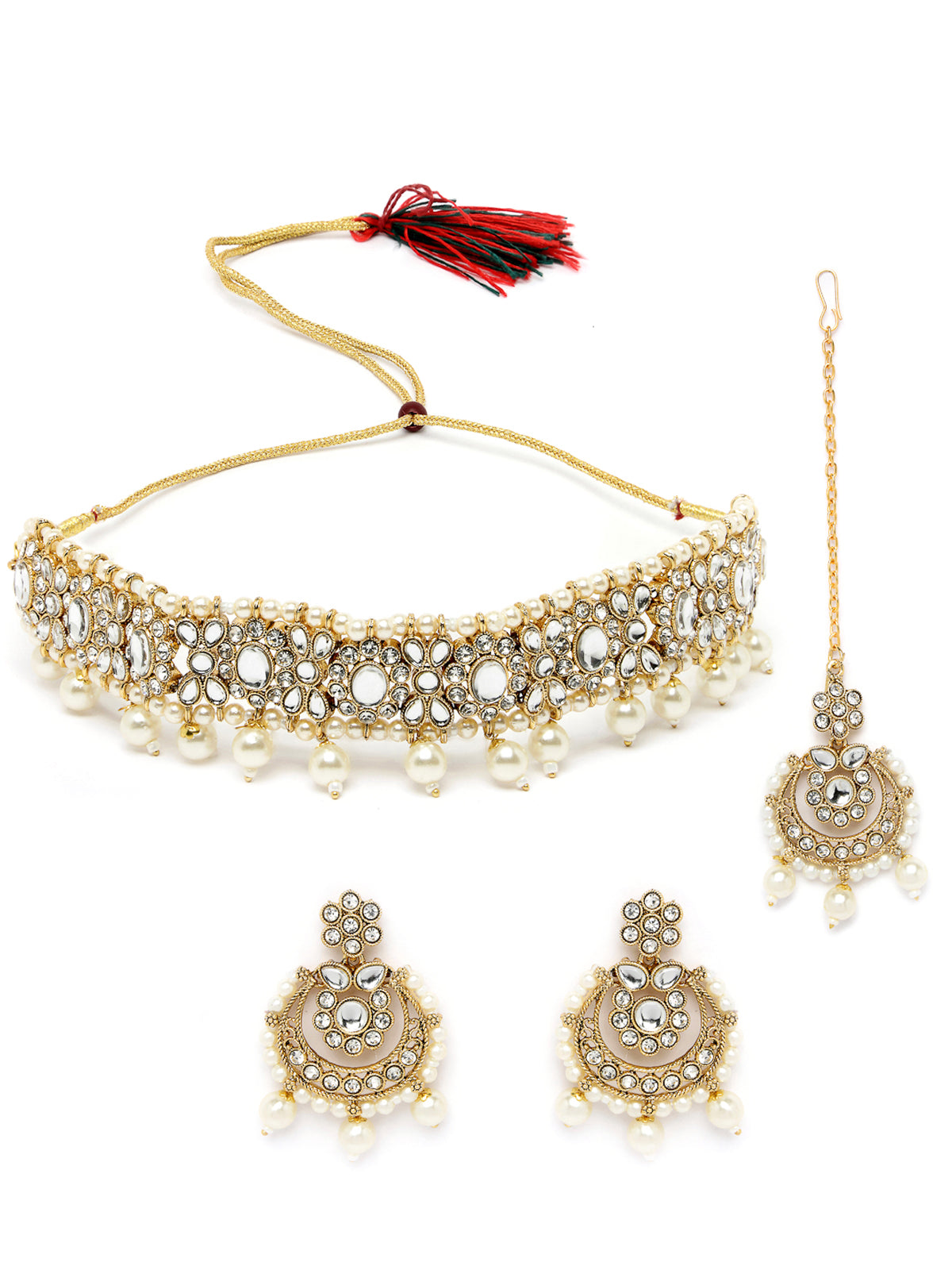 Sukkhi Pretty Traditional Style Gold Plated White Kundan & Beads Choker Necklace Set With Earring And Maangtika | Jewellery Set For Women (NS105582)