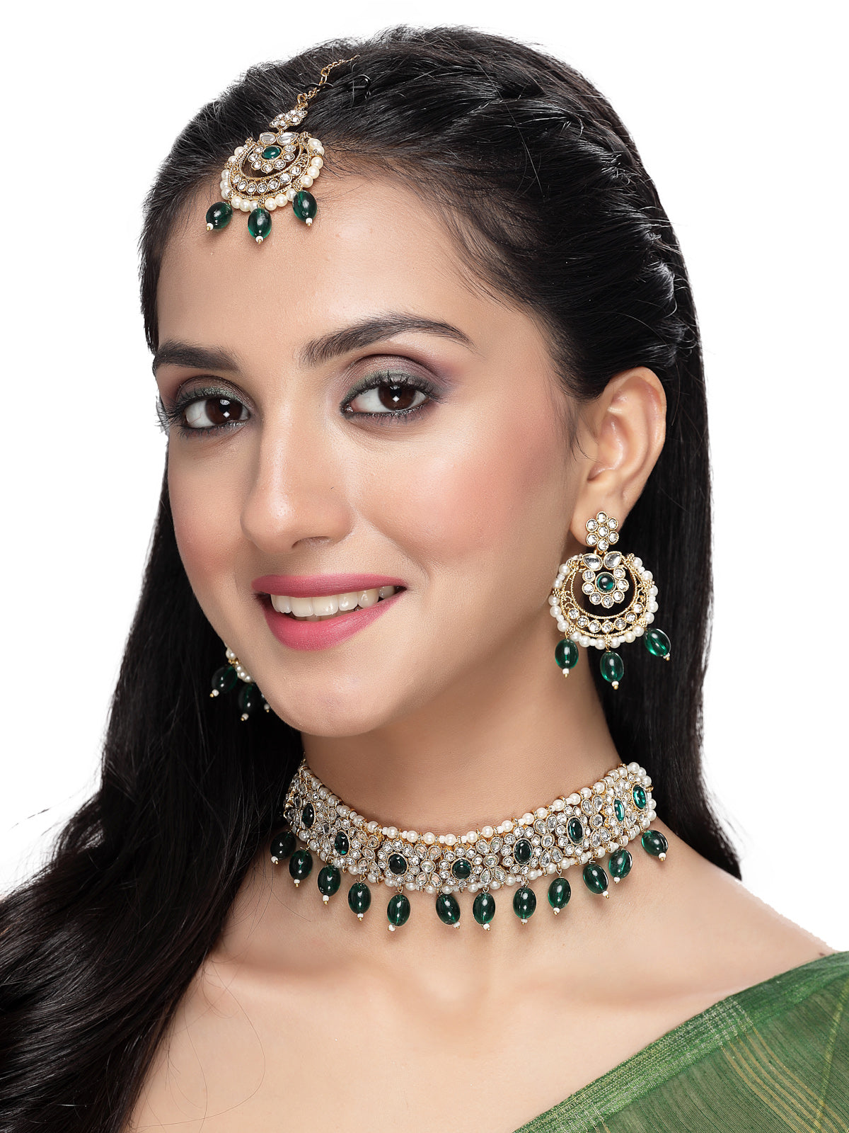 Sukkhi Pretty Traditional Style Gold Plated Green Kundan & Beads Choker Necklace Set With Earring And Maangtika | Jewellery Set For Women (NS105583)