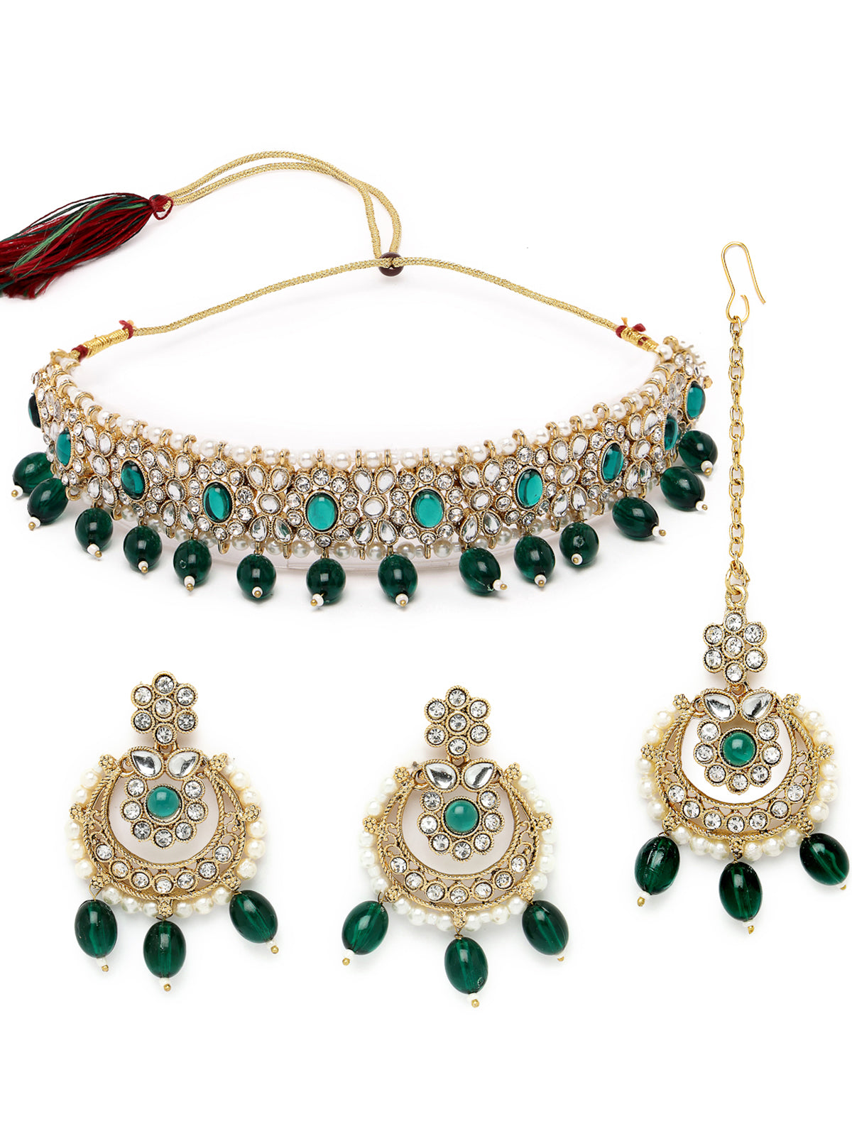 Sukkhi Pretty Traditional Style Gold Plated Green Kundan & Beads Choker Necklace Set With Earring And Maangtika | Jewellery Set For Women (NS105583)