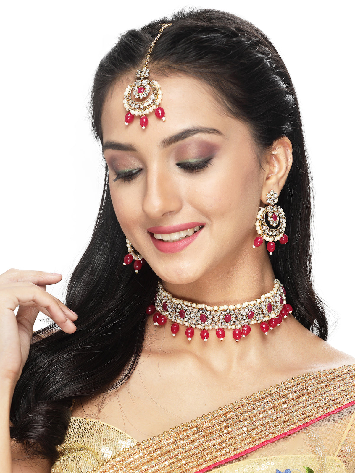 Sukkhi Pretty Traditional Style Gold Plated Red Kundan & Beads Choker Necklace Set With Earring And Maangtika | Jewellery Set For Women (NS105584)