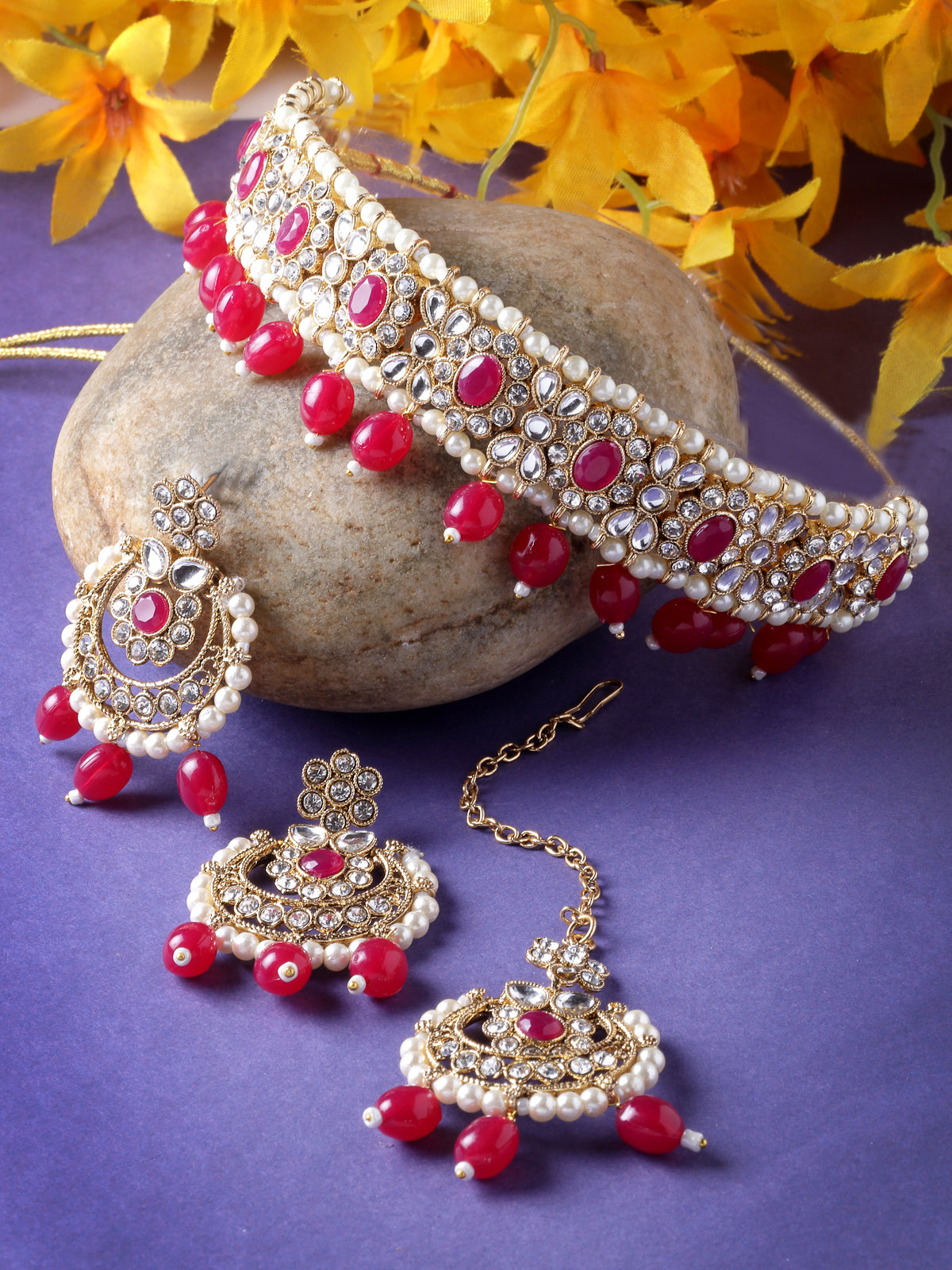 Sukkhi Pretty Traditional Style Gold Plated Red Kundan & Beads Choker Necklace Set With Earring And Maangtika | Jewellery Set For Women (NS105584)