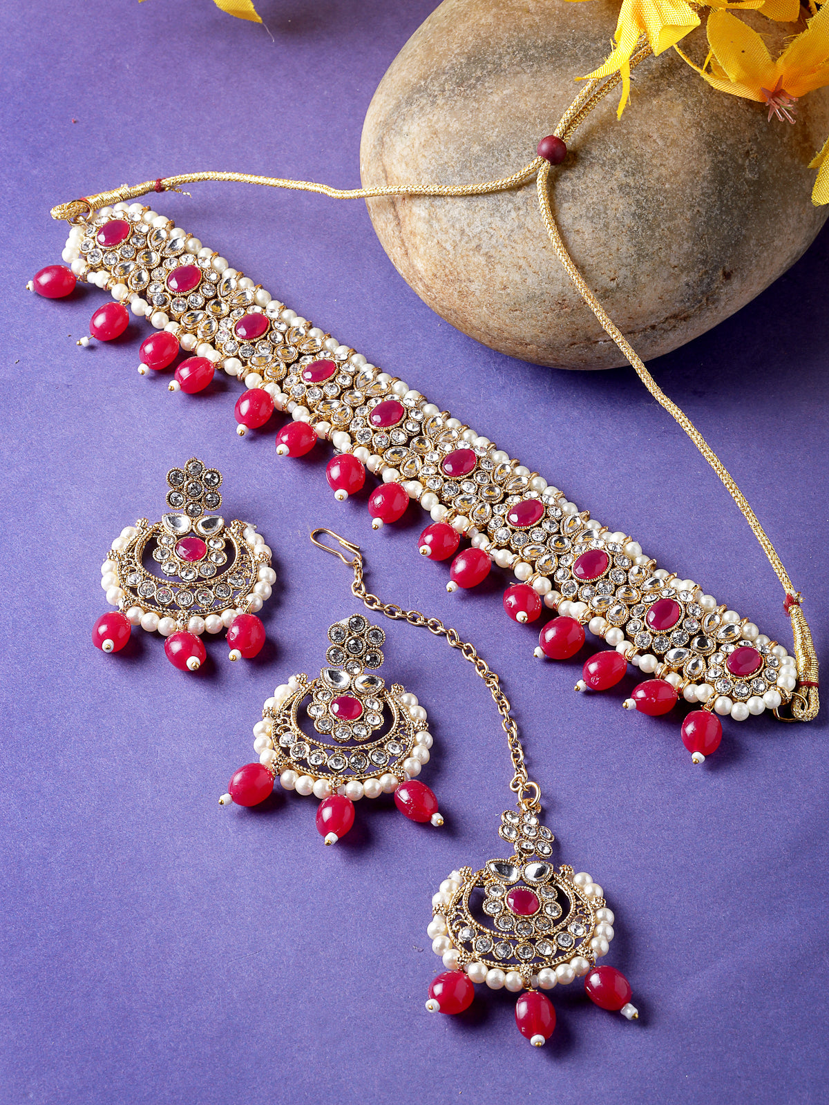Sukkhi Pretty Traditional Style Gold Plated Red Kundan & Beads Choker Necklace Set With Earring And Maangtika | Jewellery Set For Women (NS105584)