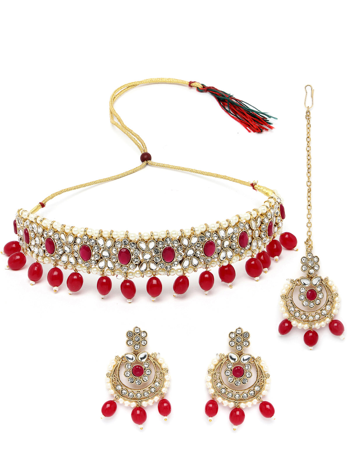 Sukkhi Pretty Traditional Style Gold Plated Red Kundan & Beads Choker Necklace Set With Earring And Maangtika | Jewellery Set For Women (NS105584)