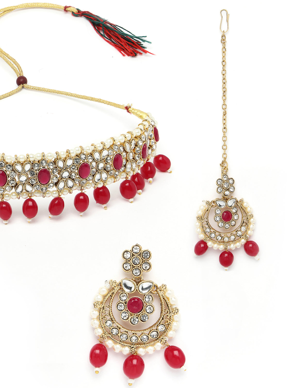 Sukkhi Pretty Traditional Style Gold Plated Red Kundan & Beads Choker Necklace Set With Earring And Maangtika | Jewellery Set For Women (NS105584)