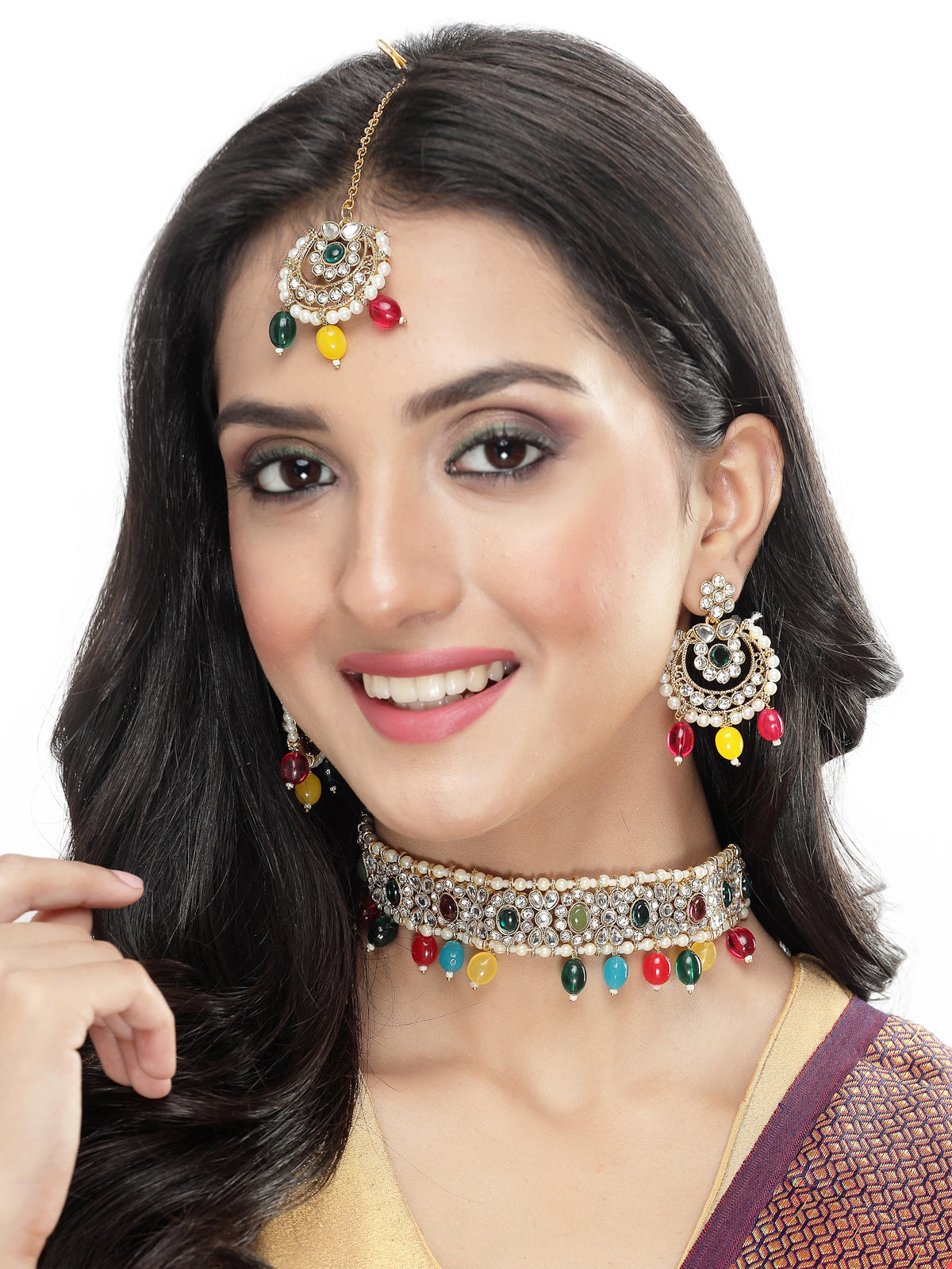 Sukkhi Pretty Traditional Style Gold Plated Multi Kundan & Beads Choker Necklace Set With Earring And Maangtika | Jewellery Set For Women (NS105585)