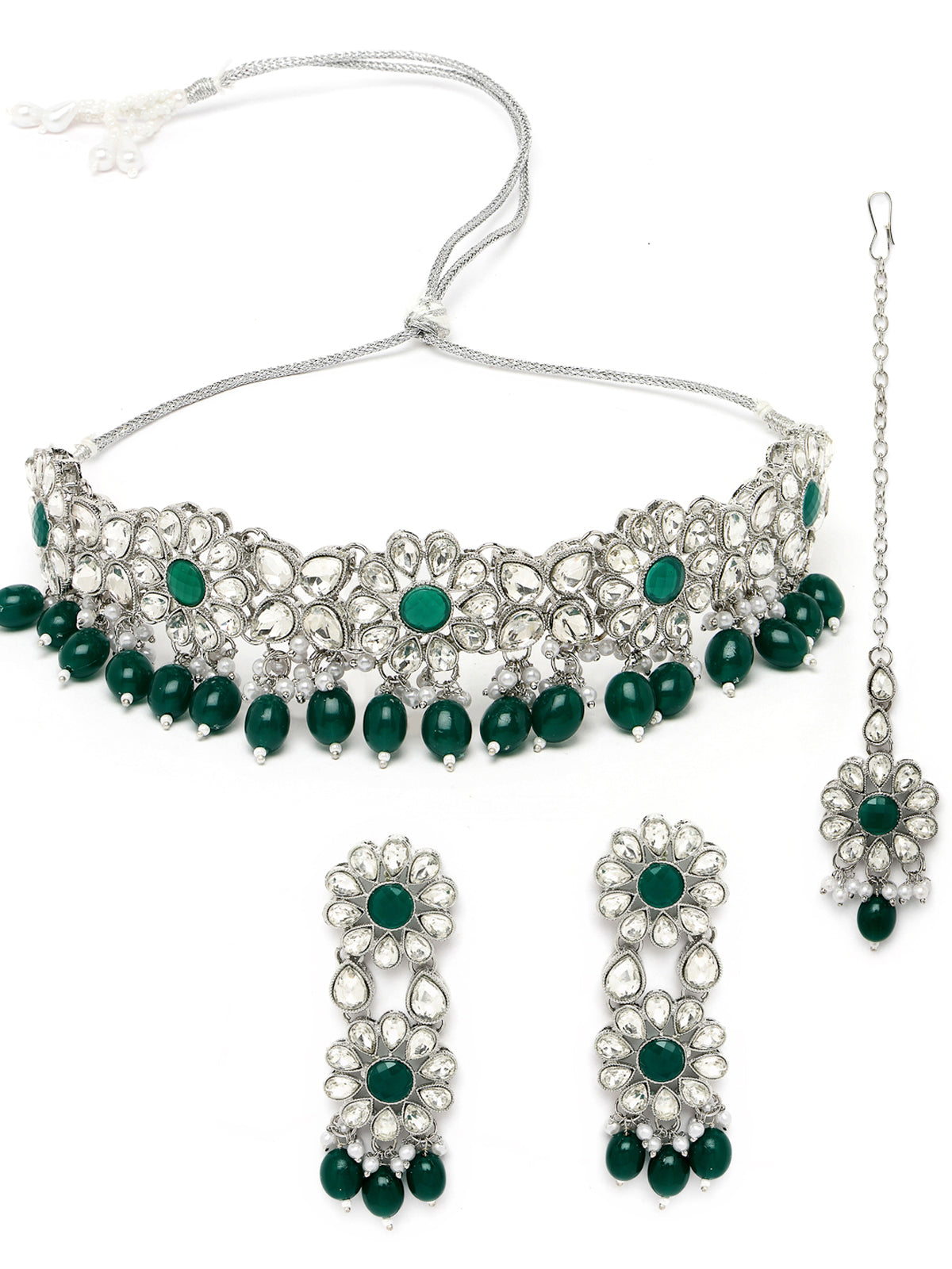 Sukkhi Enchanting Rhodium Plated Green Kundan & Beads Floral Choker Necklace Set With Earring And Maangtika | Jewellery Set For Women (NS105586)
