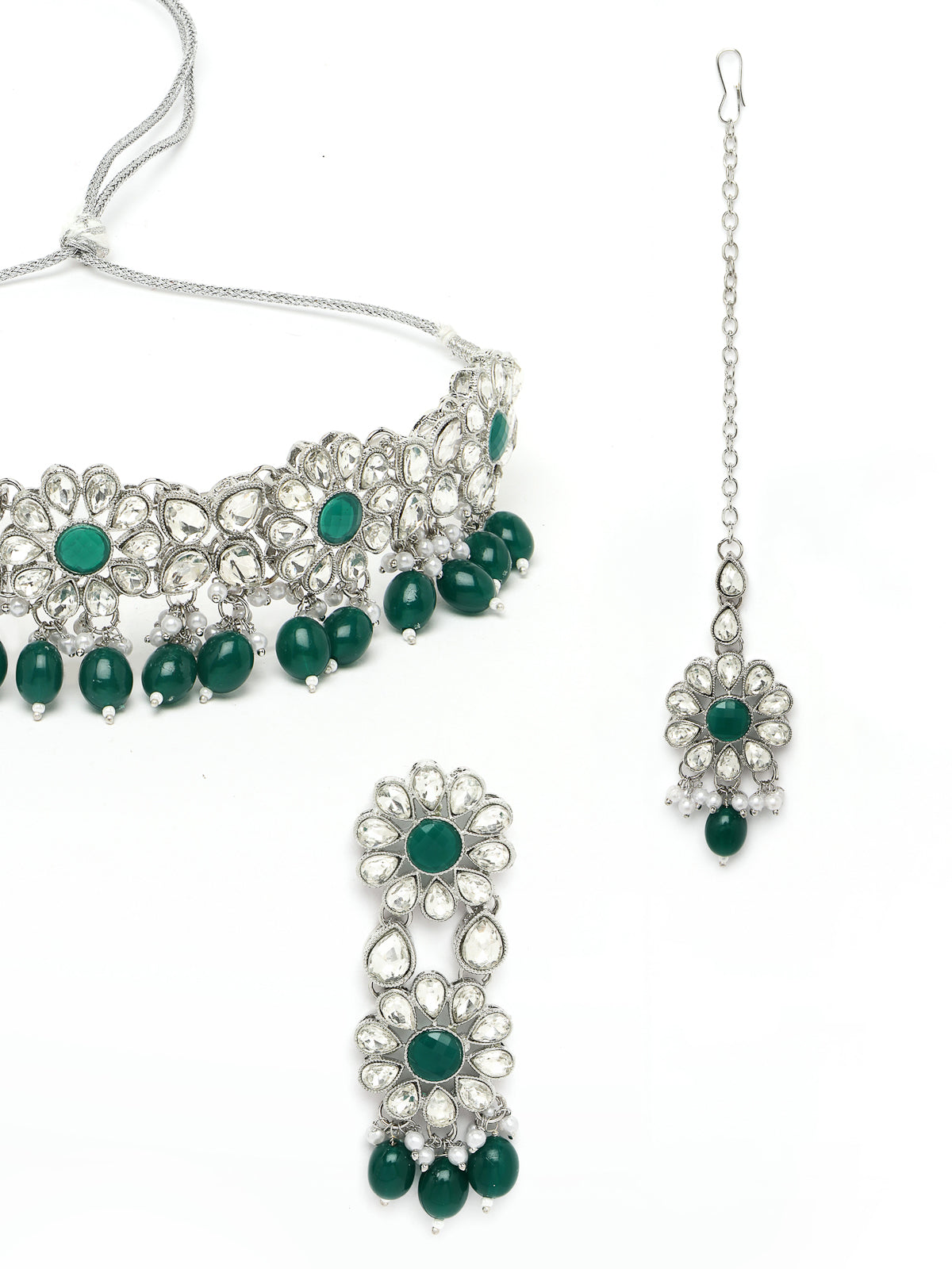Sukkhi Enchanting Rhodium Plated Green Kundan & Beads Floral Choker Necklace Set With Earring And Maangtika | Jewellery Set For Women (NS105586)