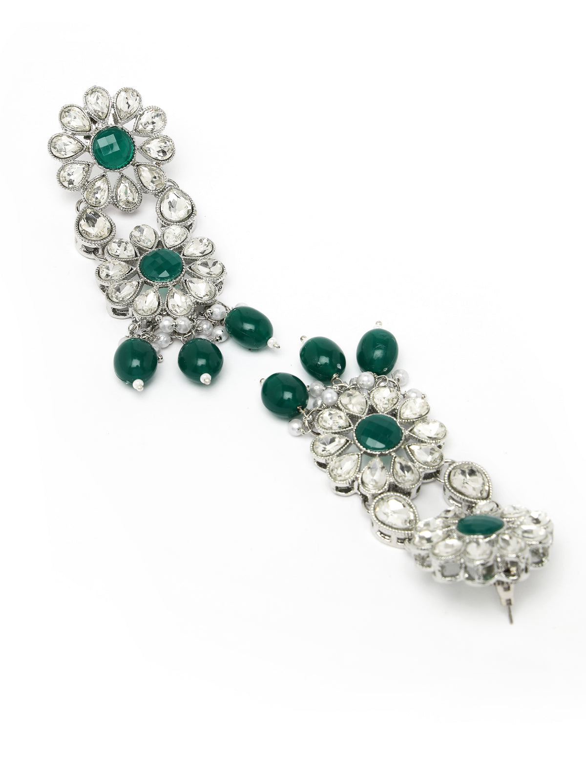 Sukkhi Enchanting Rhodium Plated Green Kundan & Beads Floral Choker Necklace Set With Earring And Maangtika | Jewellery Set For Women (NS105586)