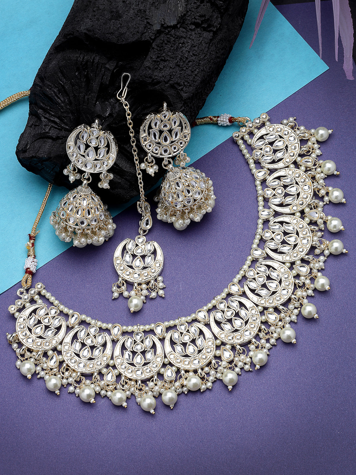 Sukkhi Industrial Gold Plated AD White Stones & Beads Collar Bone Necklace Set With Earring And Maangtika | Jewellery Set For Women (NS105587)
