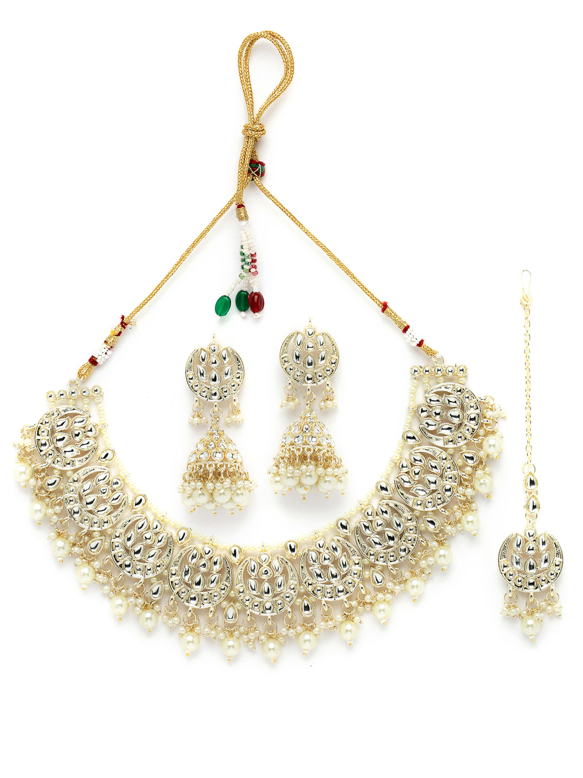 Sukkhi Industrial Gold Plated AD White Stones & Beads Collar Bone Necklace Set With Earring And Maangtika | Jewellery Set For Women (NS105587)