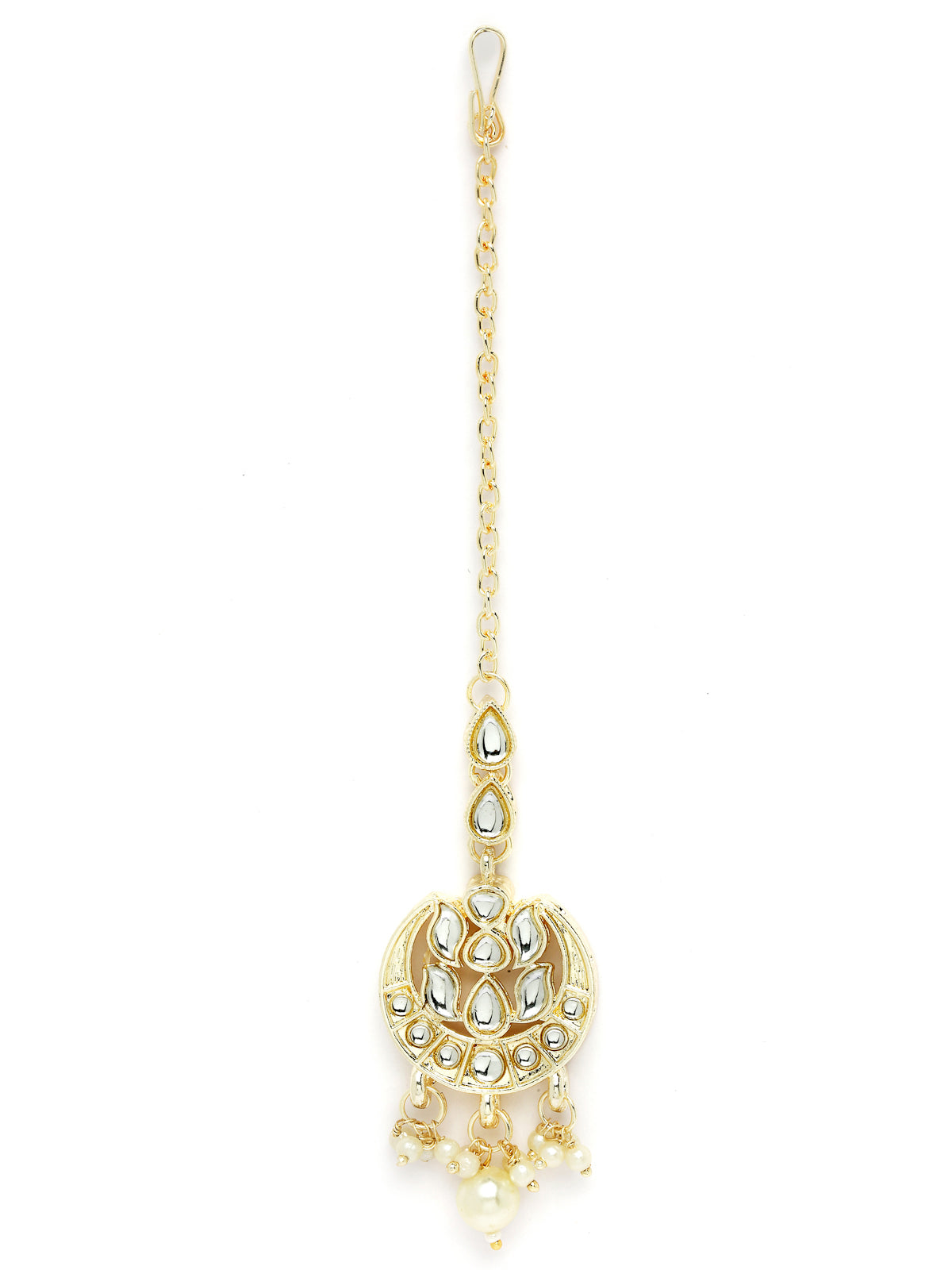 Sukkhi Industrial Gold Plated AD White Stones & Beads Collar Bone Necklace Set With Earring And Maangtika | Jewellery Set For Women (NS105587)