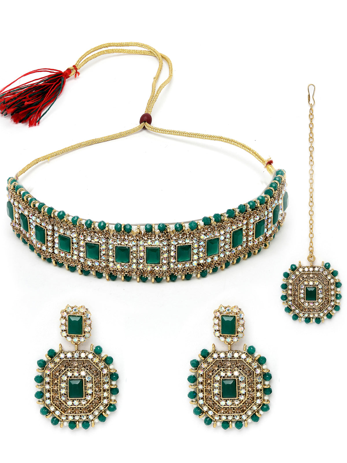 Sukkhi Decent Traditional Green Kundan & Beads Choker Necklace Set With Earring And Maangtika | Jewellery Set For Women (NS105591)
