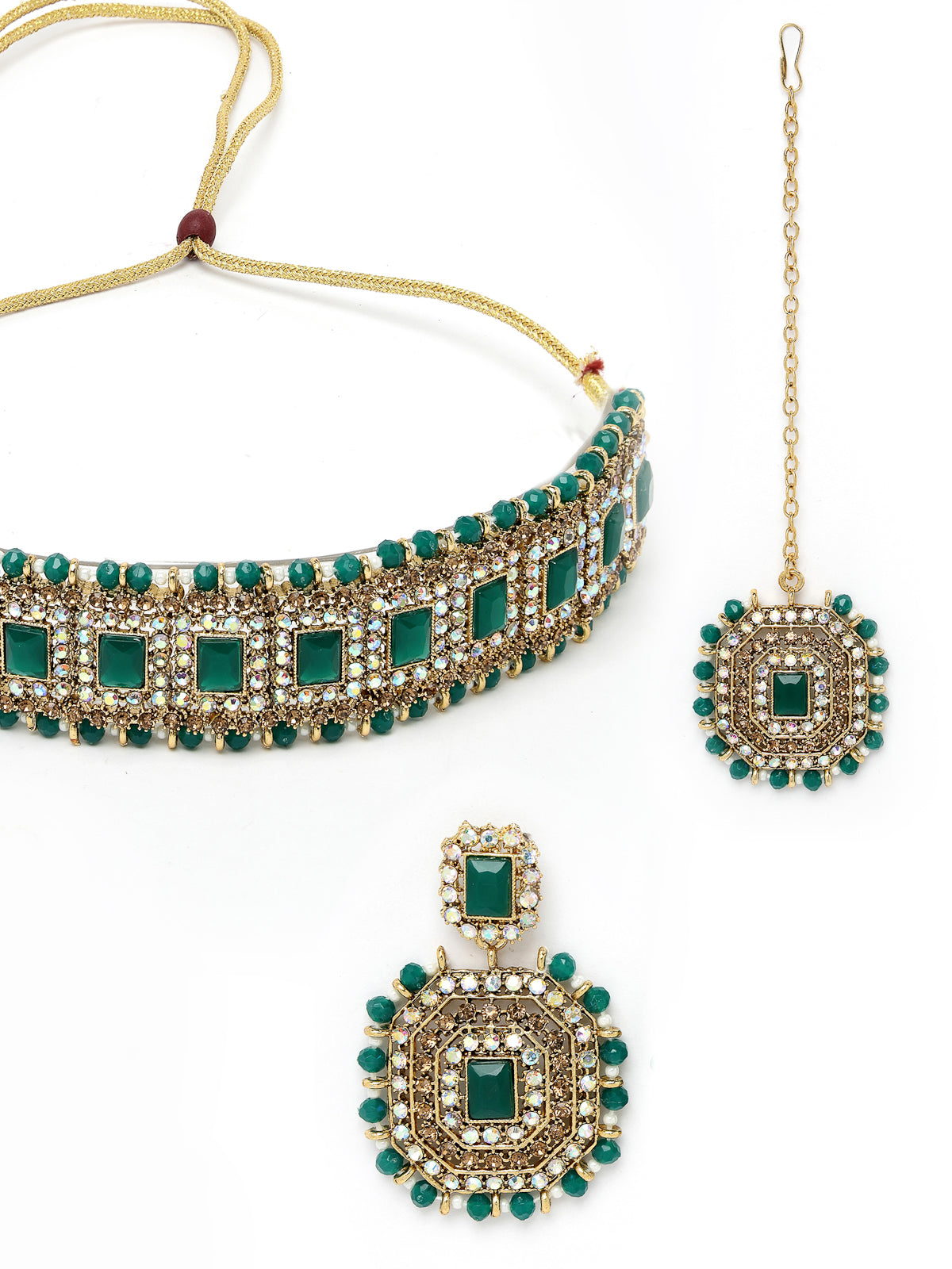 Sukkhi Decent Traditional Green Kundan & Beads Choker Necklace Set With Earring And Maangtika | Jewellery Set For Women (NS105591)