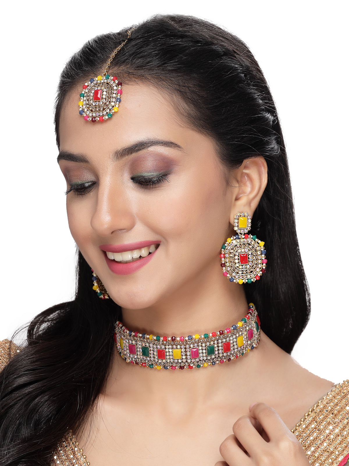 Sukkhi Decent Traditional Multicolor Kundan & Beads Choker Necklace Set With Earring And Maangtika | Jewellery Set For Women (NS105592)