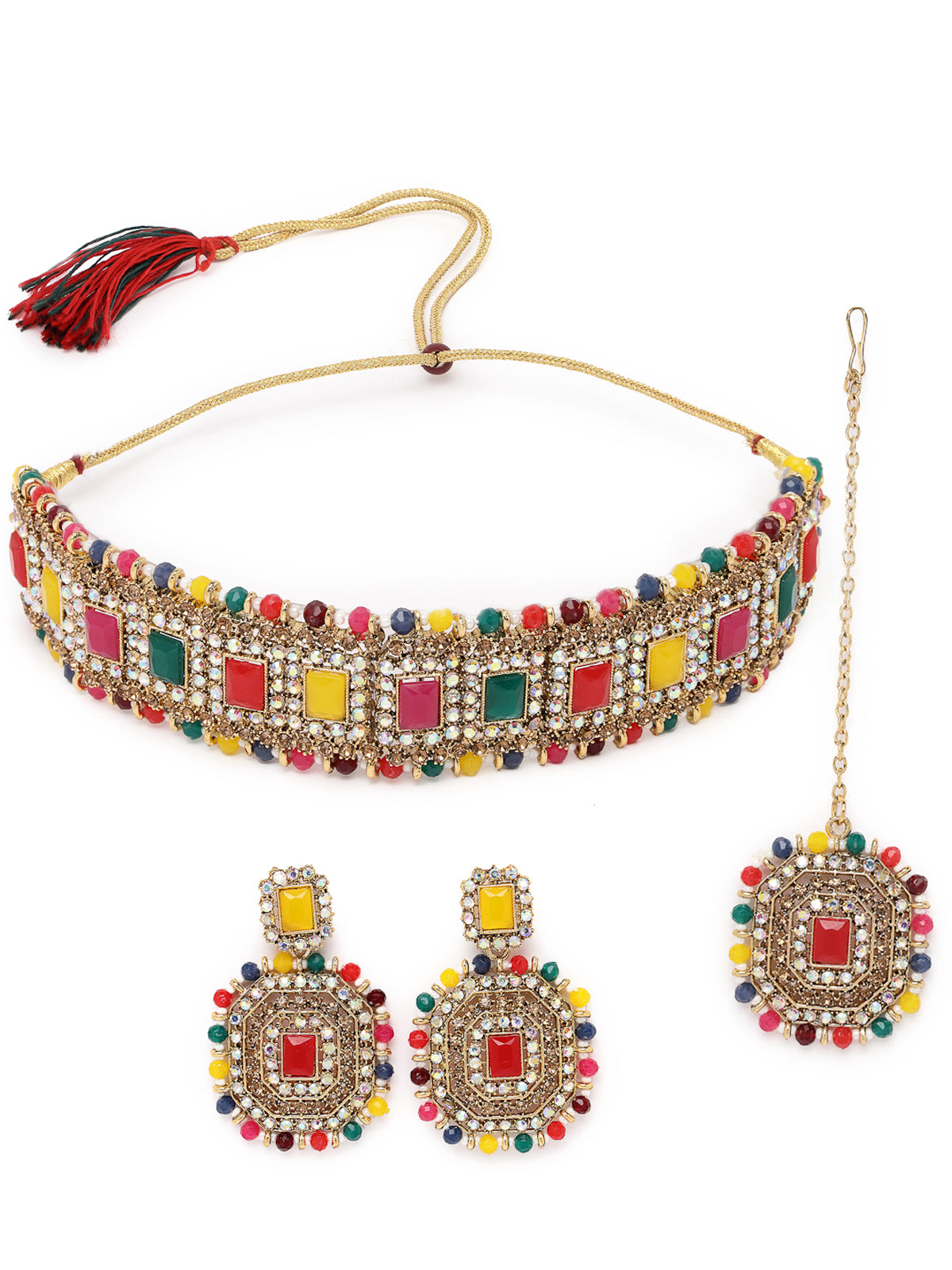Sukkhi Decent Traditional Multicolor Kundan & Beads Choker Necklace Set With Earring And Maangtika | Jewellery Set For Women (NS105592)