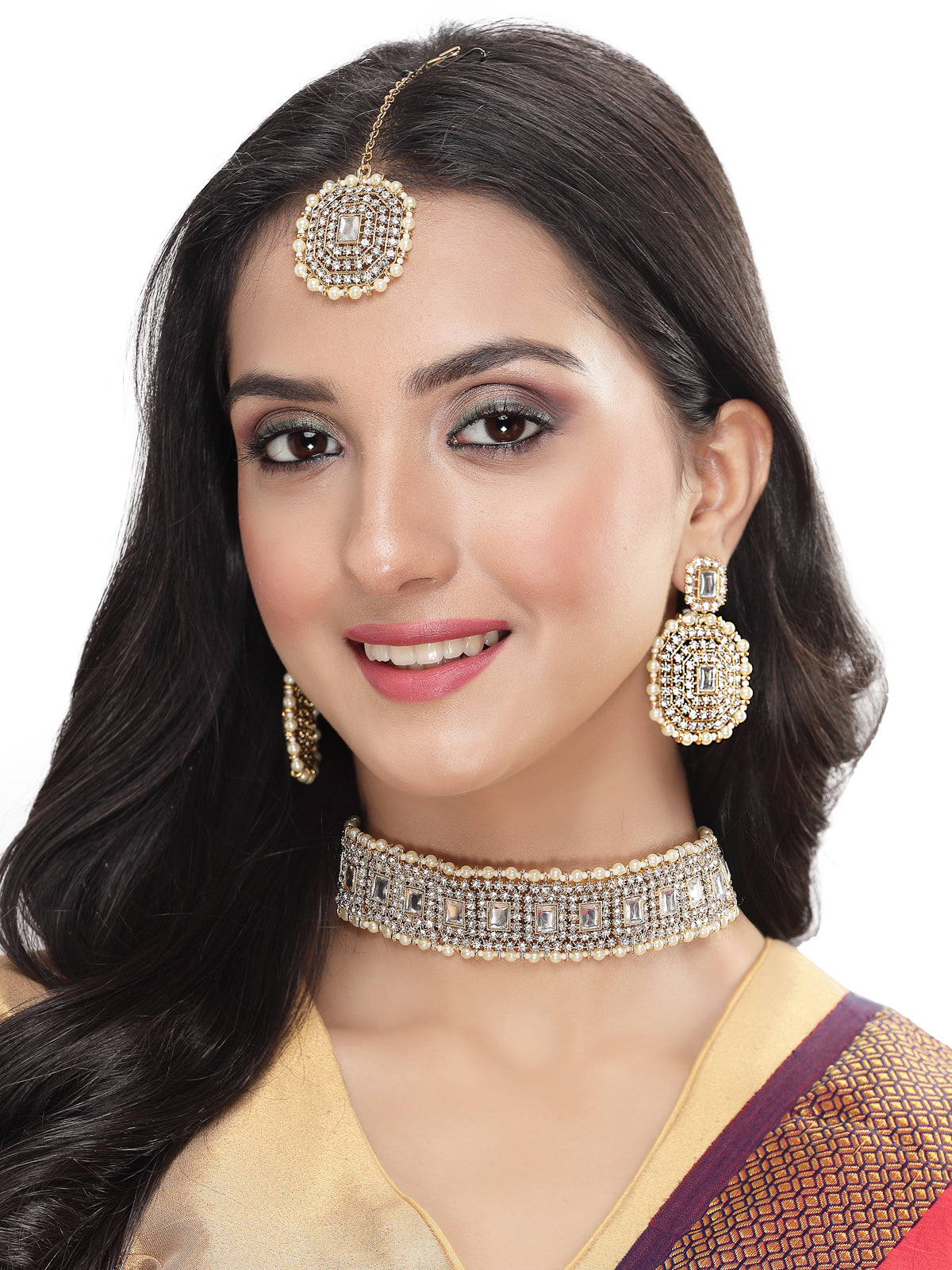 Sukkhi Decent Traditional White Kundan & Beads Choker Necklace Set With Earring And Maangtika | Jewellery Set For Women (NS105593)