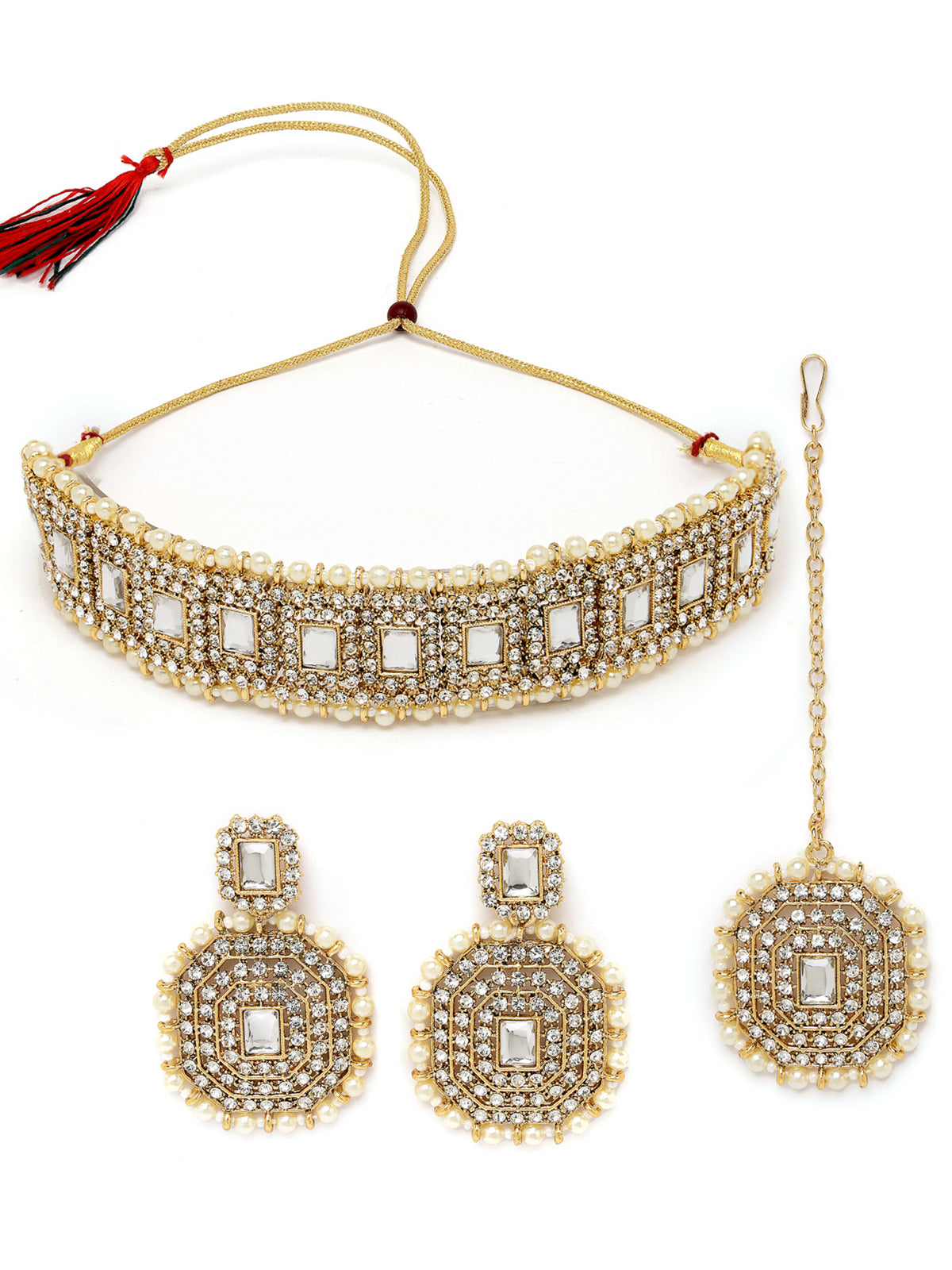 Sukkhi Decent Traditional White Kundan & Beads Choker Necklace Set With Earring And Maangtika | Jewellery Set For Women (NS105593)