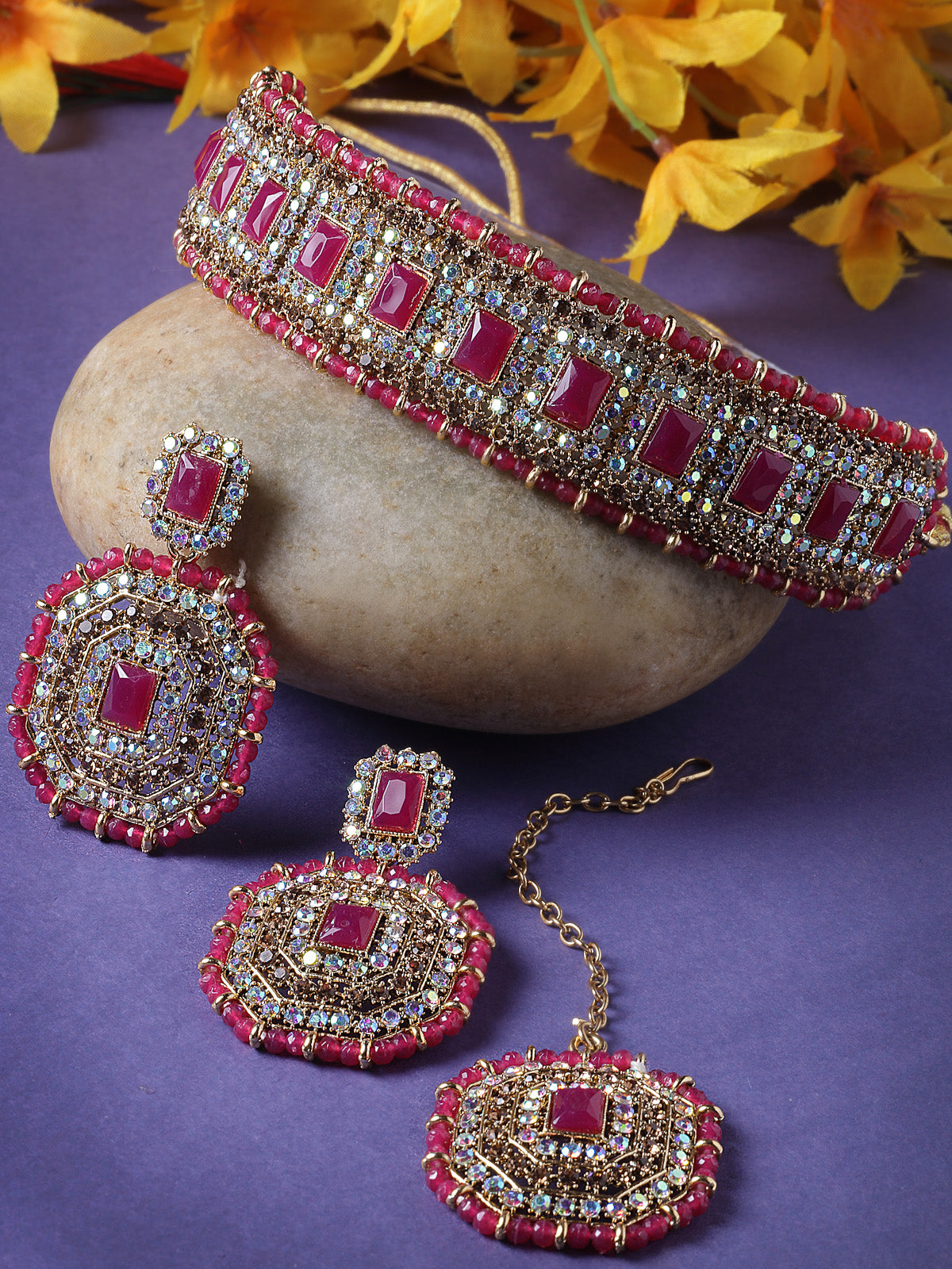 Sukkhi Decent Traditional Rani Pink Kundan & Beads Choker Necklace Set With Earring And Maangtika | Jewellery Set For Women (NS105594)