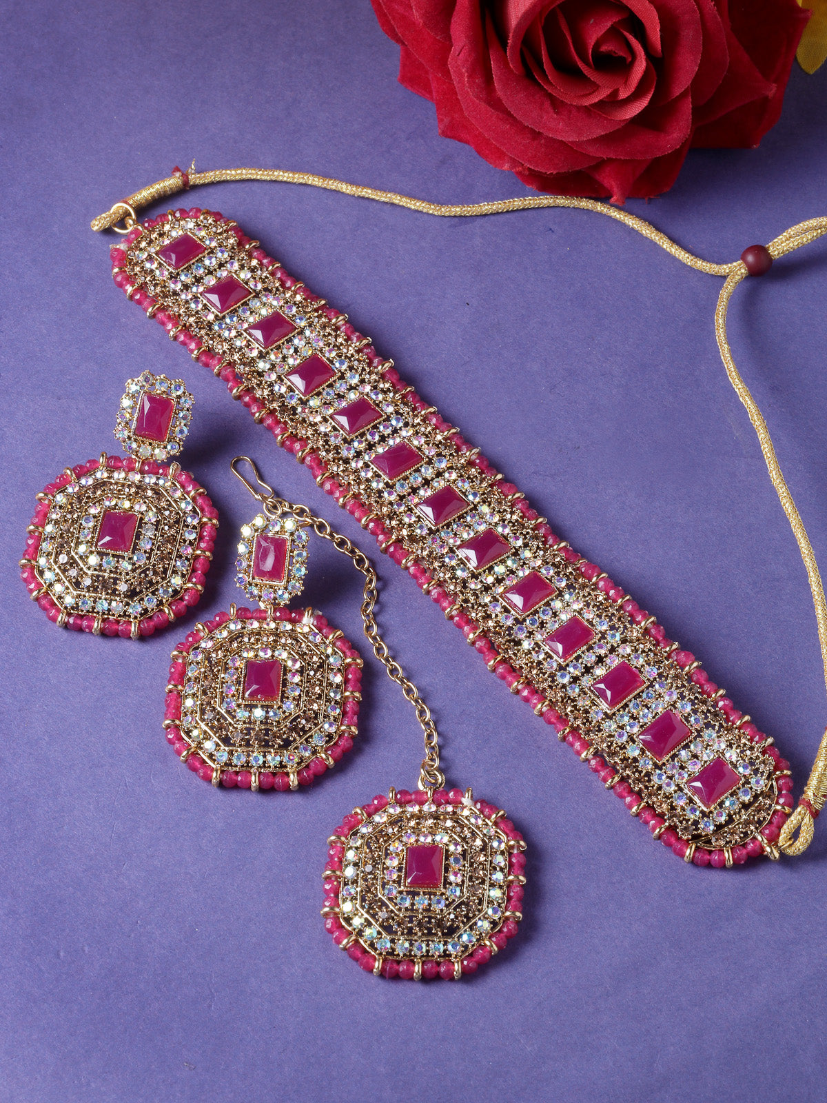 Sukkhi Decent Traditional Rani Pink Kundan & Beads Choker Necklace Set With Earring And Maangtika | Jewellery Set For Women (NS105594)